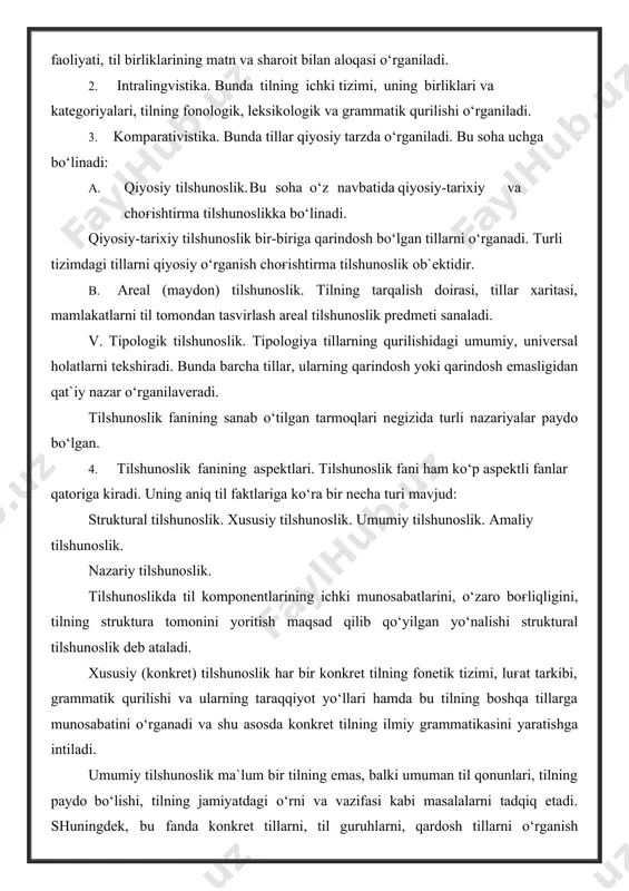 tilshunoslik. nazariy tilshunoslik. tilshunoslikda til komponentlarining ichki munosabatlarini, o‘zaro boғliqligini, tilning struktura tomonini yoritish maqsad qilib qo‘yilgan yo‘nalishi struktural tilshunoslik deb ataladi. xususiy (konkret) tilshunoslik har bir konkret tilning fonetik tizimi, luғat tarkibi, grammatik qurilishi va ularning taraqqiyot yo‘llari hamda bu tilning boshqa tillarga munosabatini o‘rganadi va shu asosda konkret tilning ilmiy grammatikasini yaratishga intiladi. umumiy tilshunoslik ma`lum bir tilning emas, balki umuman til qonunlari, tilning paydo bo‘lishi, tilning jamiyatdagi o‘rni va vazifasi kabi masalalarni tadqiq etadi. shuningdek, bu fanda konkret tillarni, til guruhlarni, qardosh tillarni o‘rganish natijasida aniqlangan til faktlari umumlashtirilib, muhim ilmiy-nazariy xulosalar chiqariladi. umumiy tilshunoslik – inson tilini ilmiy o‘rganadi- gan fan bo‘lib, uning asosiy maqsadi tilshunoslik fanining predmeti va vazifalari, tilning mohiyati, tilning tuzilishi, til va nutq, til va tafakkur, tildagi belgilar tizimi, til va jamiyat, til taraqqiyoti, tilshunoslik maktablari va yo‘nalishlari, tillarni ilmiy tadqiq etish usullari haqida ma`lumot berishdan iborat. shu jarayonda tilning tipologik belgilari …