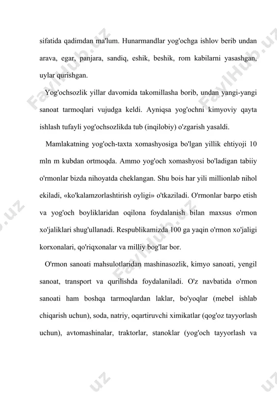 uzluksiz davom ettirildi. 1979—1995 y.larda toshkent, asaka, qoʻqon sh.larida yangi duradgorlik sexlari ochildi. 1991 y.da quyoshdan himoya uskunalari zdida plastmassadan deraza romlari ishlab chiqaradigan liniyalar, 1994 y. toshkentda markaziy osiyoda birinchi boʻlgan "oʻzellas" gugurt zavodi (oʻzbekiston — gretsiya qoʻshma korxonasi; yillik kuvvati 300 mln. kuti gugurt) mahsulot chiqara boshladi. 1995—2000 y.larda iqtisodiy islohotlar tufayli yogʻochni qayta ishlash sohasidagi barcha korxonalar davlat tasarrufidan chikarilib, ular asosida aksiyadorlik, jamoa va xususiy korxonalar tashkil qilindi. qator viloyatlarda qisqa vaqt ichida plastmassa va metalldan har birining quvvatini 10—20 ming m2 boʻlgan zamonaviy koʻrinishdagi eshik va rom tayyorlaydigan qoʻshma va xususiy kichik korxonalar jadal surʼatda tashkil qilindi. bu mahsulotlarning afzalligi rom va oynalar blok shaklda tayyorlanib chang , sovuq va shovqinni oʻtkazmaydi, issiqlikni tejaydi. oʻzbekistonda yo. s. tarkibidagi korxonalar yiliga 3 mln. m2 eshik va deraza romlari, 233 ming m2 parket, 1 mln. m uzun oʻlchovli buyumlar (plintus, qoplamalar va b.), 50 ming m2 quyoshdan …