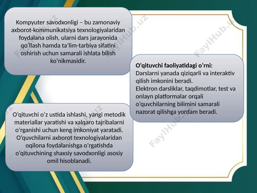 3. didaktik materiallar va ishchi hujjatlarni tayyorlashda matn muharrirlari, elektron jadvallar va boshqa amaliy dasturlar paketidan foydalanish: · matnli hujjatlarni yaratish, ularni formatlash, bosmaga chiqarish va uzatish; · matn muharrirlarida jadval, rasm va diagrammalar bilan ishlash; umumta’lim muassasasi xodimlari akt savodxonligi bilan chegaralanmay, undan ta’lim samaradorligini oshirish yo‘lida oqilona foydalanish metodikasiga ham ega bo‘lishi zarur. ya’ni, har bir fan o‘qituvchisi darsda kompyuter qurilmalaridan didaktik vosita sifatida foydalana olishi zarur. shu sababli malaka oshirish kurslarida aktdan foydalanish metodikasiga oid mavzularni ham o‘qitish maqsadga muvofiq bo‘ladi. e’tiboringiz uchun raxmat… image1.jpeg