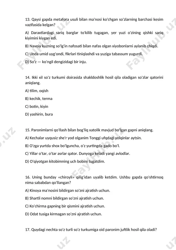 un, gul, quymoq, qorachiq. a) 6 b) 7 c) 4 d) 5 24. qaysi javobda “dominanta”ga ta’rif keltirilgan? a) sinonimlik qatoridagi uslubiy xoslanish va so'zlovchi bahosidan xoli bo‘lgan so‘z b) sinonimlar qatoridagi faqat ijobiy bo‘yoqqa ega bo‘lgan so‘z c) sinonimlar qatoridagi ma’lum bir uslubiy xoslanish belgisiga ega bo‘lgan so‘z d) sinonimlar qatoridagi ijobiy yoki salbiy baho hammasidan kuchliroq ifodalangan so‘z 25. qaysi gapda ega omonim ot bilan ifodalangan? a) unisi o‘ziga bergan azobdan qiynaladi, bunisi esa o‘z qilig‘idan azobchekadi. b) qalbimga o‘t yoqdi. c) bog‘imizning gavjumligi bejiz emas edi. d) onam har gal xokandozni bo‘shatganida qop-qora chang ko‘tariladi.