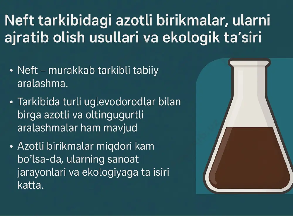 rab kam oltingugurtli (0,6% gacha), oltingugurtli (0,6—1,8%) va koʻp oltingugurtli (1,8%dan ortiq) sinflarga boʻlinadi. bizning turmash tarzimizda eng muhim ahamiyatga ega materiallar tarkibida neftdan olinadigan mahsulotlar bor ekan. oziq ovqat oziq ovqat mahsulotlari, yoqilg'i mahsulotlari, kiyim kechak, plastik mahsulotlar va yana shu kabi mahsulotlar tarkibi neftdan olingan birikmalardan iborat ekan. hattoki sun'iy go'sht ishlab chiqarish ham mumkinligi va uning oddiy tabiiy go'shtdan farq qilmaydigan mahsulotlar olinadi. ammo neftning ko'p ishlab chiqarilishi ekalogik holat uchun xavfliroq hisoblanadi xulosa : 1. lapidus a. l., golubeva la., jagfarov f.g. garoximiya. chest i, ii. moskva-2004g 2. donald b.l., uilyam l.l. nefteximiya. moskva 2011 g. 3. abidov b.a. neft kimyosi va fizikosi, o'quv ko'llanma, toshkent, 2000 y. 4. salomov yui va boshk yui va boshk.eft va gazal kayta ishlash texnologiyasi. o'quv qo'llanma t.: cho ipon, 2006 v. 5. bozorov f.p, xujakulov a.f. neft va gaskondensatni qayta ishlash texnologiyasi, o'quv qo'llanma. t.: muxarrir. 2018 y. foydalanilgan …