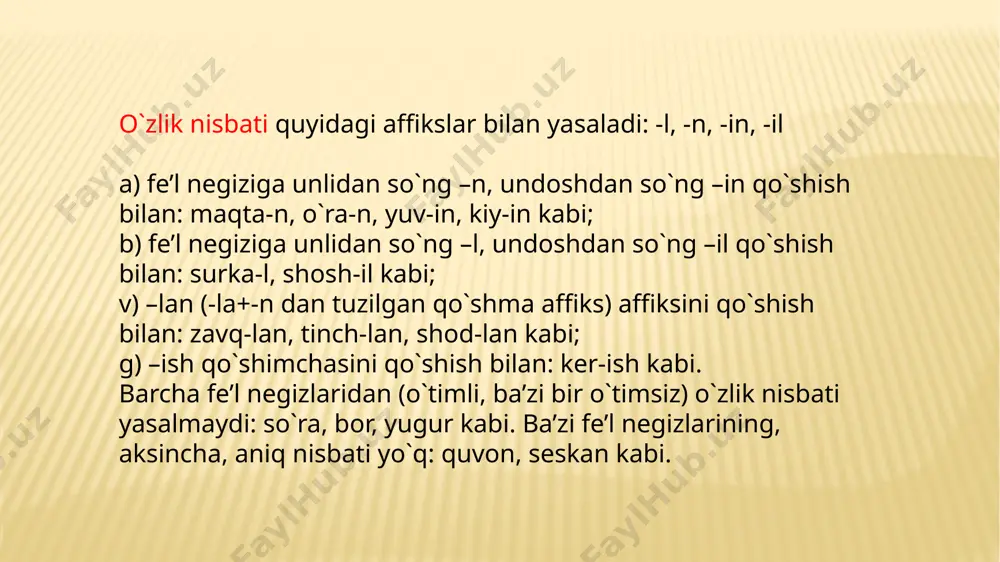 - maslik masalan: o'qish, bormoq, o'ynash kabi. harakat nomi. bir tomondan, fe'lga xos bo'lgan o'timli-o'timsizlikka, nisbat kategoriyasiga va boshqarish xususiyatlariga ega. bundan tashqari, harakat nomida hozirgi-kelasi zamon ottenkasi ham bor. bu ottenka qulay sharoitda aniq zamon ma'nosiga aylanadi. masalan: kitob olmoq uchun keldim, g'o'zani sug'orish kerak kabi. ikkinchi tomondan, otga xos bo'lgan son, egalik, kelishik qo'shimchalarini olib, gapda ega, to'ldiruvchi, ba'zan kesim vazifalarini bajaradi. masalan: 1.o'qitish uchun esa bo'sh joy yo'q (h.o.). 2.besh-olti bekatgacha tikka borish kishini charchatib qo'yadi. 3.har dilda quyosh yondirmoq burchim. 4.ishlashning foydasi keyin bilinadi. hozirgi o'zbek tilida –sh, -ish qo'shimchalari bilan yasalgan harakat nomi vaqtli matbuotda, ilmiy asarlarda ko'p uchraydi. bu forma kalka yo'li bilan, ya'ni so'zning o'zi emas, balki uning ma'nosi o'zlashtirilib, yangi atama yaratishda, ayniqsa, faol qatnashadi. masalan: proizvodstvo-ishlab chiqarish, dom otdixa-dam olish uyi, prixod-kelish, uxod-ketish, nablyudeniya-kuzatish, pedagogicheskoye chteniya-pedagogik o'qish kabilar. –moq qo'shimchasi bilan yasalgan harakat nomi esa, hozirgi adabiy tilda kamdan-kam ishlatiladi. bir-biriga …