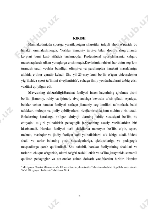 i qo‘llab-quvvatlash, harakat ko‘nikmalarini shakllantirish va sog‘lom turmush tarzini targ‘ib qilishdan iborat. ayniqsa, bolalar uchun harakat faoliyati nafaqat jismoniy chiniqish, balki psixologik va intellektual rivojlanish uchun ham muhimdir. ushbu faoliyat bolalarning mushak kuchini oshirish, muvozanatni saqlash, harakat koordinatsiyasini rivojlantirish va umumiy jismoniy faolligini qo‘llab-quvvatlashga qaratilgan. bundan tashqari, harakat faoliyatining maqsadi bolaning mustaqillik, ijodiy tafakkur va ijtimoiy ko‘nikmalarini rivojlantirish bilan ham bog‘liq bo‘lib, ularning atrof-muhit bilan o‘zaro aloqasini kuchaytirishga xizmat qiladi. harakat faoliyati inson hayotining ajralmas qismi bo‘lib, uning jismoniy, aqliy va psixologik rivojlanishiga bevosita ta’sir ko‘rsatadi. ayniqsa, bolalar uchun harakat faoliyati ularning organizmini chiniqtirish, harakat koordinatsiyasini shakllantirish va ijtimoiy moslashuv jarayonida muhim rol o‘ynaydi. harakat faoliyatining shakllari va turlari turlicha bo‘lib, ularning har biri muayyan yosh davri va pedagogik maqsadlarga mos holda tashkil etiladi. harakat faoliyatining eng keng tarqalgan shakllaridan biri o‘yin faoliyatidir. o‘yinlar bolalarning tabiiy harakatlarini rivojlantirish bilan birga, ularning psixomotor ko‘nikmalarini shakllantirishga xizmat qiladi. harakatli o‘yinlar bolaning chaqqonligi, …