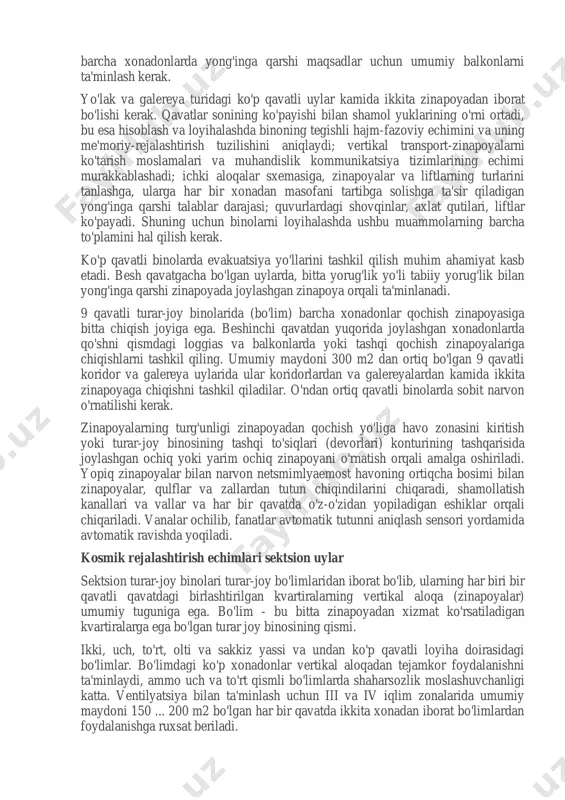 a, chunki shahar hududlarining kengayishi transport muammolarini kuchaytiradi, yuqori muhandislik tarmoqlariga olib keladi, turar joy va ish joylari va dam olish joylari orasidagi masofani oshiradi, bu esa o'z navbatida odamning bo'sh vaqtini kamaytiradi. kichik va o'rta shaharlar va shaharchalarni qurish va loyihalashtirish amaliyotida 4 va 5 qavatli turar-joy binolari keng tarqalgan, 9 va 12 qavatli uylar katta va yirik shaharlarga, shuningdek baland qavatli (17 ... 25 qavatli) va baland qavatli binolarga xosdir. (25 qavatdan yuqori). "yuqori qavatli bino" atamasi yong'inni avtomatika mexanik narvonlaridan söndürmek uchun mumkin bo'lgan balandlikdan oshib ketadigan kontseptsiyani aniqlaydi, ular ommaviy versiyada 28 m balandlikka, maxsus dizaynda esa 50 m ga etishi mumkin. qurilish echimlari va tashuvchini loyihalash sxemasini oqilona tanlash. ko'p qavatli turar-joy binolari sektsion, koridor va galereyalarni loyihalashtirilgan va qurilgan. ko'p qavatli 9 va 17 qavatli uylarning umumiy dizayn sxemasi ko'p qavatli katta panelli binolardir. ko'p qavatli binolarda ramka-tranking sxemasi qo'llaniladi. magistralning valida zinapoyalarni ko'tarish …