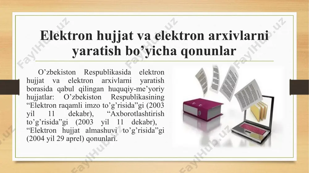 xujjat almashuv xakida”(29.04.2004 y) keyinchalik esa konunchilik bazasini kengaytirib quyidagi masalalarni xisobga olishga karatilmogi lozim. elektron arxiv ilmiy-ma’lumotnoma apparati tizimi elektron arxiv hujjatlariga ilmiy ma’lumotnoma apparatini tuzish tartiblari. elektron opis tushunchasi. elektron katalog tushunchasi. elektron hujjatlarni saqlanish muddati qo’rsatilgan namunaviy ro’yxat. arxiv hujjatlari elektron katalogini yaratish tartibi: “elektron katalog tuzish to’g’risidagi yo’riqnoma”. elektron arxivlarning qulayliklari va ushbu sohadagi dolzarb muammolar. arxiv ishini mexanizatsiyalash va avtomatlashtirish tarixini bir necha bosqichlariga ajratish mumkin. 1. xix oxiri 1950 yillargacha. 2. 1950 yillardan 1970 yillarni birinchi yarmigacha. 3. 1970 yillarni ikkichi yarmidan 1980 yillarni birinchi yarmigacha. 4. 1980 yillarni ikkinchi yarmidan 2000 yillargacha. arxivlarda saqlanayotgan ma’lumotlarni elektron shaklga ugirish arxiv ma’lumotlarini saqlash, arxiv fondlaridagi ma’lumotlarni tezda izlab topish, arxivdan foydalanuvchilarni so‘rovlarini o‘z vaqtida bajarish arxivshunosni eng muhim vazifasi hisoblanadi. texnikani xozirgi kundagi imkoniyatlarini hisobga olishga, turli arxivlarda saqlanayotgan ma’lumotlarni elektron shaklga ugirish mumkin. muammoni bu xilda xal qilish arxivshunoslar ishini engillashtiradi, vaqtni tejaydi, hujjatlarni …