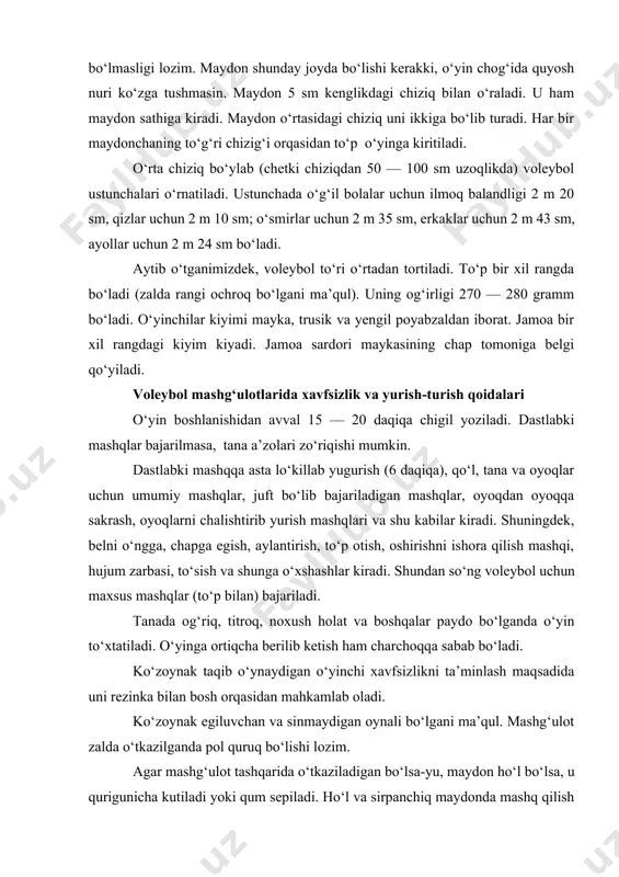 yin to‘xtatiladi. o‘yinga ortiqcha berilib ketish ham charchoqqa sabab bo‘ladi. ko‘zoynak taqib o‘ynaydigan o‘yinchi xavfsizlikni ta’minlash maqsadida uni rezinka bilan bosh orqasidan mahkamlab oladi. ko‘zoynak egiluvchan va sinmaydigan oynali bo‘lgani ma’qul. mashg‘ulot zalda o‘tkazilganda pol quruq bo‘lishi lozim. agar mashg‘ulot tashqarida o‘tkaziladigan bo‘lsa-yu, maydon ho‘l bo‘lsa, u qurigunicha kutiladi yoki qum sepiladi. ho‘l va sirpanchiq maydonda mashq qilish taqiqlanadi, chunki o‘yinchi jarohatlanishi mumkin. maydon qurigunicha voleybolchilar maxsus mashqlar bajarib turganlari ma’qul (to‘pni sherikka oshirish, devorga urish, yuqoriga otish). „to‘p sardorga“ o‘yinini o‘ynasa ham bo‘ladi. o‘yin chog‘ida taqinchoqlar taqish man qilinadi, ular turli jarohatga sabab bo‘lishi mumkin. havo sovuq paytda mashq kiyimlari (raqamli) bilan o‘ynashga ruxsat etiladi. voleybol o‘yini texnikasi voleybol o‘yini hujum va himoya texnikasidan tashkil topgan. hujum va himoya ham, o‘z navbatida, turish, siljish hamda to‘pni egallash texnikasiga ajratiladi. o‘yin vaqtida voleybolchi doimiy ravishda maydon bo‘ylab siljib yuradi. bu siljishlardan maqsad to‘pni qabul qilish uchun eng qulay joyni tanlash …
