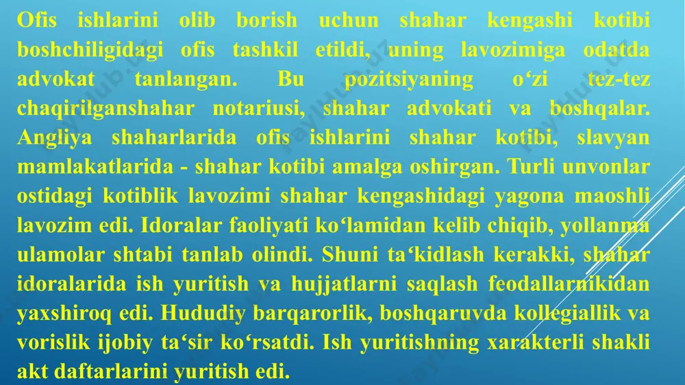 joylashtirish mumkin edi. umuman olganda, cherkov arxivlari o’z faoliyat doirasini asta-sekin toraytirdi. cherkov mansabdor shaxslari feodallar tabaqasiga mansub bo’lganligi va yerlarga egalik qilganligi sababli ularning patrimonial arxivlari o’sib bordi, ammo xo’jalik ish yuritish hajmining kengayishi bilan ular haqiqiy cherkov-ma’muriy arxivlardan alohida saqlanadi. rim imperiyasi erlarida biroz o’ziga xos vaziyat yuzaga keldi, bu erda ko’plab cherkov mulklari hali ham mustaqil siyosiy birliklar edi; u yerda ruhoniylar qoʻlida davlat boshqaruvining barcha tarmoqlari boʻyicha alohida maʼmuriy, sud va moliya organlari arxivlarida saqlanadigan hujjatlar ham boʻlgan; ular orasida cherkov ishlariga oid materiallar saqlanadigan arxivlar ham bor edi. umuman feodal jamiyatiga xos bo’lgan kuch va funktsiyalarning murakkab o’zaro bog’liqligi oliy cherkov ma’muriyati arxivlarining tarkibi va tashkil etilishining ancha murakkab manzarasini yaratdi, ammo tegishli tahlil bilan ulardagi mos keladigan elementlarni har doim ajratib olish mumkin. foydalanilgan adabiyotlar image1.jpg image2.jpeg image3.jpeg image4.jpeg image5.jpg image6.jpg image7.jpg /docprops/thumbnail.jpeg