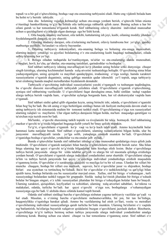 malarini, xulqida vujudga kelayotgan holatlarining sababini, irodasini yaxshi bilsagina uning qalbiga yo‘l topa oladi va bolaga ta'sir etishning to‘g‘ri yo‘lini aniqlaydi. ana shunday sifatlarga e'tibor bergan sinf rahbari tarbiyada yetakchi o‘rinni egallaydi. shuni ham unutmaslik kerakki, bolaga tarbiyaviy ta'sir etuvchi omillar hozirgi davrda g‘oyat darajada ko‘paydi oila, keng jamoatchilik, radio, televidenie kino, teatr, kitob, jurnal, musiqa va boshqalar. sinf rahbarining bolaga tarbiyaviy ta'sir etishda yetakchilik, birdamlik rolni tarbiyaviy ta'sirini, saqlab qolish g‘oyat qiyinlashib boryapti. ba'zan bolaga tarbiyachidan ko‘ra o‘rtog‘i, qo‘shnisi, ko‘chadagi do‘stlari kuchliroq ta'sir etish hollariga duch kelamiz. chunki, har bir bolada ma'lum kurtaklar yaxshilik va poklik bilan bir qatorda salbiy, aktivlik va passivlik sifatlari mavjud. u munosabatlarga e'tibori jihatidan ham har xil sifatlarga ega. agar tarbiyachi unga optimistik nuqtai nazardan yondashsa, bola yaxshilikka intilib, uning umidini oqlaydi va aksincha bolaga oldindan noshud, yalqov, tartibsiz deb qaralsa hamda o‘jarlik va terslik bolaning sifati hukm chiqarilsa, u holda tarbiyalanuvchi o‘zining xuddi …