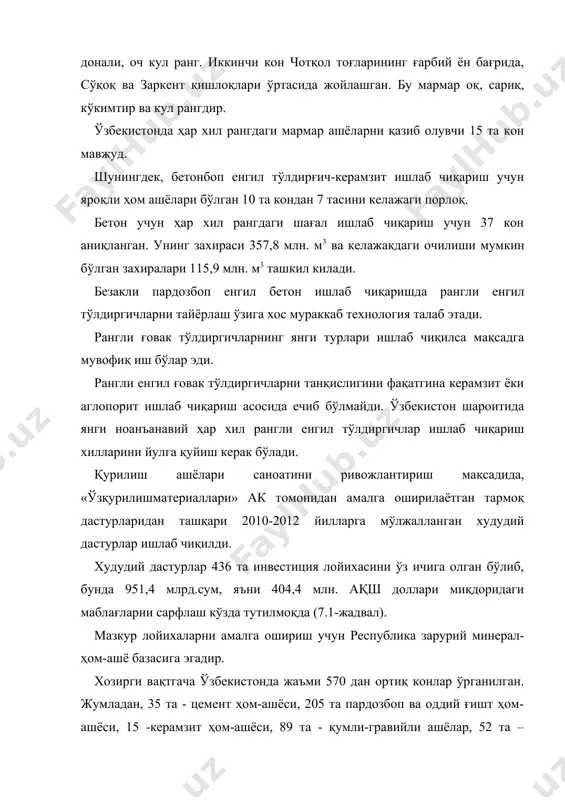 ганилган конлардан 297 таси саноат ишлари учун ўзлаштирилган бўлиб, улардан 114 таси «ўзқурилишматериаллари» ак балансидадир. республика хукумати томонидан қабул қилинган «қишлоқ тараққиёти ва фаровонлиги йили» давлат дастурида (ўзбекистон республикаси президентининг 2009 йил 26 январдаги пқ1046-сонли қарори) 38 та лойихани амалга ошириш кўзда тутилган эди: · охак, гипс ва цемент ишлаб чиқарувчи 6 та корхонани ишга тушириш; · умумий қуввати йилига 81,1 млн. дона бўлган 15 та оддий ва пардозбоп ғишт ишлаб чиқарувчи корхонани ишга тушириш; · томбоп рангли ашёларни ишлаб чиқарувчи 6 та корхонани ишгатушириш; · замонавий пардозбоп ашёларни (гипс картон, рангли қуруқ аралашмалар, бўр, пластик ашёлар, вермикулит, дераза ва эшик блоклари, шиша пакетлар) ишлаб чиқарувчи 6та пардозбоп плиткалар ва оддий тоғ жинсларини ишлаб чиқарадиган корхоналарни тиклаш ва реконструкция қилиш. ички бозорни пардозбоп ашёлар билан янада бойитиш, айниқса қишлоқ жойларда тураржой биноларини қуриш билан шуғулланаётган аҳолининг қурилиш ашёларига бўлган эхтиёжини қондириш, сифатини яхшилаш борасидаги қўшимча чора-тадирлар тўғрисида қарор қабул қилинди. …