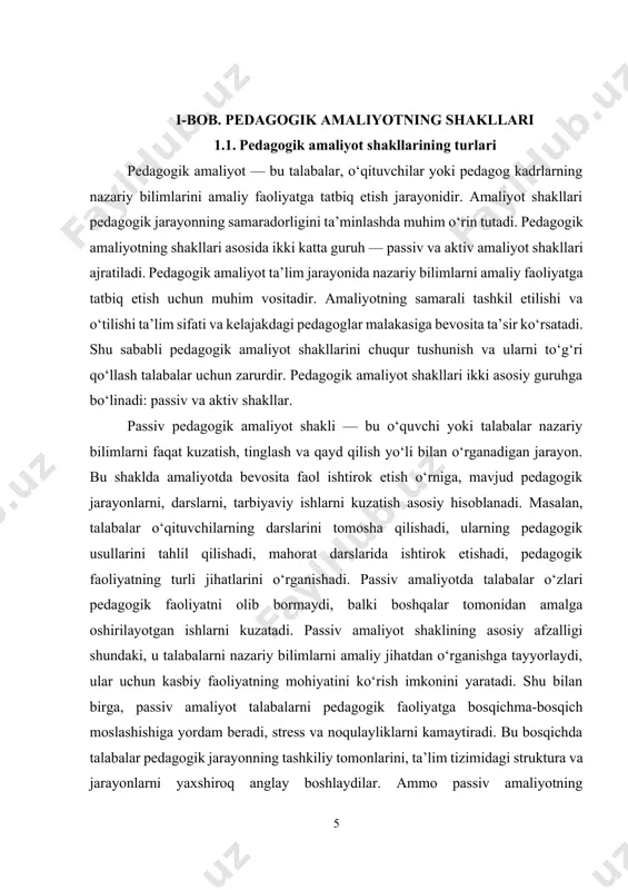 l fikrlashga, pedagogik muammolarni hal qilishga, zamonaviy ta’lim texnologiyalarini qo‘llashga o‘rgatadi. aktiv amaliyot shaklining asosiy afzalligi shundaki, u talabalarni haqiqiy pedagogik ish jarayoniga to‘liq jalb etadi, ularning nazariy bilimlarini amaliy ko‘nikmalarga aylantirishga yordam beradi. bu jarayon davomida talabalar pedagogik muammolarni o‘zlari hal qilishga majbur bo‘lib, ularning malakasi va ishonchi oshadi. shu bilan birga, talabalar o‘z xatolarini o‘z vaqtida aniqlab, to‘g‘rilash imkoniga ega bo‘ladilar. ammo aktiv amaliyot ham ba’zi qiyinchiliklarga ega. masalan, talabalar uchun dastlabki bosqichda bu jarayon stress va qiyinchilik tug‘dirishi mumkin. ular o‘zlaridan ko‘p narsa talab qilinishini his qiladilar va bu holat pedagogik faoliyatga salbiy ta’sir ko‘rsatishi mumkin. shuning uchun aktiv amaliyotni bosqichma-bosqich, malakali rahbarlik ostida olib borish muhimdir. passiv va aktiv amaliyot shakllari bir-birini to‘ldiruvchi va uzviy bog‘liq jarayonlardir. samarali pedagogik tayyorgarlik uchun avvalo passiv amaliyot shaklida nazariy bilimlarni o‘zlashtirish va pedagogik jarayonni kuzatish zarur. bu bosqich talabalarni amaliyotga tayyorlaydi, ular pedagogik faoliyatning qanday kechishini ko‘radi, tahlil qiladi …