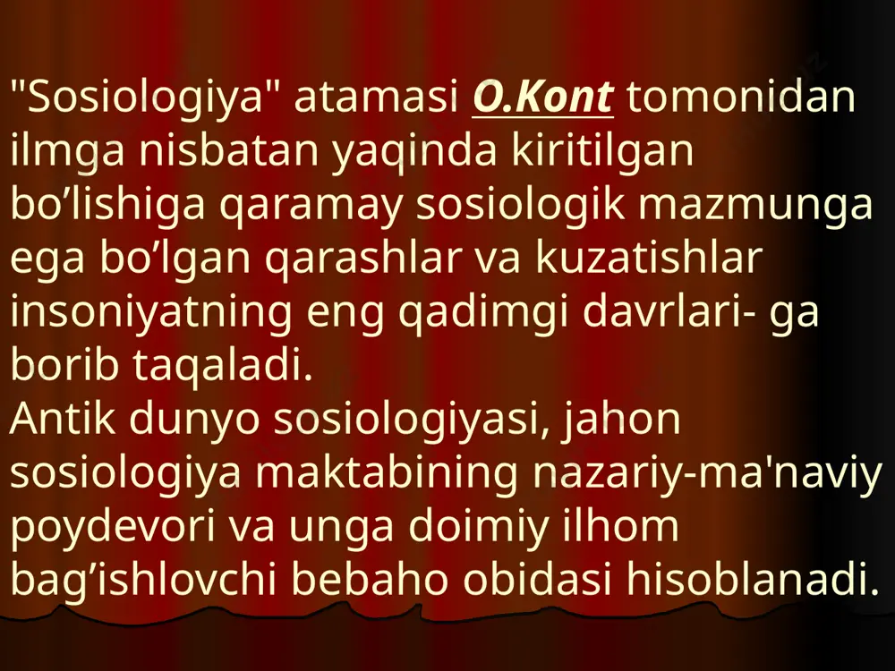 platon, aristotel va boshљalarni kiritish mumkin.sokrat ning sosiologik qarashlarida tabiat va jamiyat jarayonlarida shunchalik ishtirok etish emas,balki unda qanday qilib yaxshi yashash, kamolatga erishish uchun san'at sirlarini bilish zarurligi g’oyasi etakchidir sokrat fikricha, inson faoliyati yaxshilik, savob, oriyat, insof haqidagi tushunchalar mazmunidan iborat bo’lib, bu tushunchalarni shaxs qanday tushunishi katta ahamiyatga ega. shunday ekan, inson faoliyatini yaxshilash uchun uning fe'l-atvori va tarbiya to’g’risidagi qarashlari, tushunchalarini tartibga solish zarurdir. . sokratning buyuk shogirdi platon ijtimoiy taraqqiyot va inson mavqei xususida bebaho fikrlar bayon etgan. platon "fileb" nomli asarida insonning ezgulikdan iborat faoliyati quyidagi talablarni bajarish asnosida ro’y berishi aytiladi: 1.ilohiy g’oya moќiyatini anglash; 2.ilohiy g’oya talablarini hayotga singdirish; 3.tafakkur va bilimlarga ega bo’lish; 4.ilm va san'atning biror turini egallash; 5.toza, halol hissiyot vositalaridan (musiqa, tovush, tasviriy san'at) zavq ola bilish. xitoyda konfusiy ahloqiga binoan inson dunyo tartiboti tizimida favqulotda њrin tutishi, umumiy dunyo taqdiri uchun mas'ullik hissining cheksizligi targ’ib etilsa, kosmologiya …