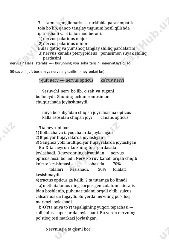tki jag` tishlarini b) ramus gingvialis inferior pastki tishlar milklarini harakat tarmoqlari: 1) nervus masseterica 2) nervus temporalis profunda 3) nervus pterygoideus lateralis 4) nervus pterygoideus medialis bu nervlar shu nomli mushaklarni innervatsiya qiladi 5) nervus mylohyoideus shu nomli mushak bilan musculus digastricus ning venter anterior ini 6) nervus tensoris tympani 7) nervus tensoris veli palatini bu nervlar shu nomli mushaklarni innervatsiya qiladi 52-savol. iv juft bosh miya nervi tuzilishi 1- juft nerv ---- nervus trochlearis g`altak nervi harakatlantiruvchi nerv bo`lib, 1 ta harakat o`zagi bor 1) nucleus nervus motorius yadro miya suv yo`lining tubida colliculus inferior qarshisida joylashgan. miya bo`shlig`idan chiqish joyi ---- o`rta miya oyoqchalarining tashqi tarafidagi fossa interpedincularis dan chiqadi kalla asosidan chiqish joyi fissura orbitalis superior innervatsiya ---- musculus obliquus oculi superior ko`z olmasining yuqori qiyshiq mushagini 53-savol. v juft bosh miya nervining tuzilishi. 5- juft nerv ---- nucleus trigeminus shoxli nerv aralash nerv bo`lib, 4 …