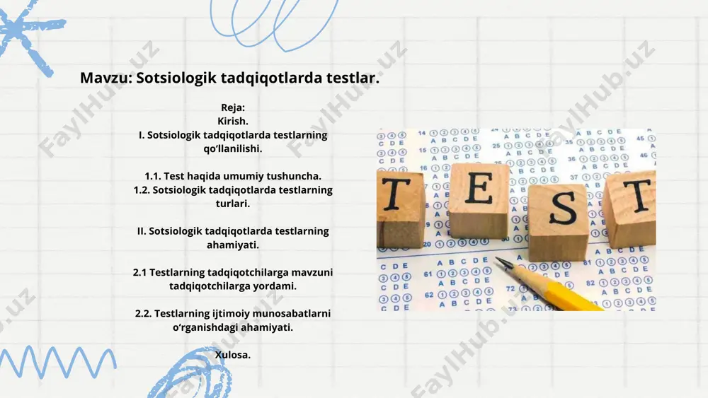 opshiriqlari tanlab olinadi va keyinchalik tanlab, yakuniy shaklga tushiriladi va shu bilan birga ishonchlilik va asoslilikning sifat mezonlari bo‘yicha baholash amalga oshiriladi; - uchinchi bosqichda test bir xil populyatsiyada qayta sinovdan o'tkaziladi; - to'rtinchidan - aholining yoshi, ta'lim darajasi va boshqa xususiyatlariga qarab belgilanadi. shaxsga oid yoki shaxslilik testlari: shaxsning ustanovkasi, qadriyatlarga munosabati, emotsional holatlari, motivatsiyasi, shaxslararo munosabatdagi sifatlari, xulq-atvorining tipik shakllari va hokazolarni organishga, olchashga, aniqlashga yordam beradi. ular shaxsni organish shkalalari, sorovnomalari va bilim jarayonlarini olchash, baholash, ozini ozi baholashga yonaltirilgan boladi. ijodiyot (kreativlik) testlari shaxsning ijodiy qobiliyatla-rini organish va baholashga moljallangan boladi; ular ijodkor shaxsning hayotiy tajribasini tahlil qilishga va ijodkor shaxsning individual xususiyatlarini (ijodiy tafakkur va uning mahsuldor-ligi: egiluvchanligi, tezkorligi topqirligi, originalligi, tanlov-chanligi, konstruktivligi va hokazo) organishga yonaltiriladi. proyektiv testlar (lotincha rgospevglo oldinlab, ilgarilab namoyon etish manosini bildiradi): proyeksiya natijalarini psixologik talqin qilishga asoslangan shaxsni yaxlit organishga qaratilgan metodlar majmuasi proyektiv testlar deyiladi. psixologik himoyalanishdan tashqari, …