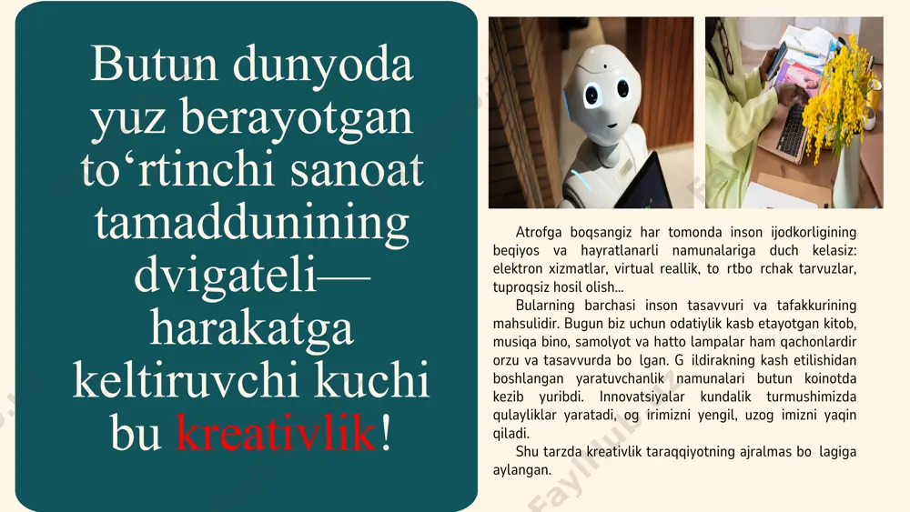 sh qobiliyatining o‘qitish yondashuvi, maktab faoliyati hamda ta’lim tizimining boshqa xususiyatlari bilan qanday bog‘liqligini tavsiflaydi. pisa tadqiqotlarida o‘quvchidan kreativ fikrlashni baholash modeliga ko‘ra ilmiy muammolarni yoki ijtimoiy muammolarni hal qilish, o‘z g‘oyalarini yozma yoki vizual ifodalash talab etiladi. 1. paroxod daryoda qanday harakatlanyapti: oqimga qarabmi yoki oqimga qarshi tomongami? 2. suratda yilning qaysi fasli tasvirlangan? 3. bu yerda daryoning o‘zani chuqurmi yoki sayoz? 4. paroxodlar to‘xtash joyi (pristan) bu yerdan uzoqmi, yaqinmi? 5. paroxodlar to‘xtash joyi (pristan) sohilning qaysi tomonida joylashgan? 6. rassom suratda kunning qaysi vaqtini tasvirlagan? 7. suratni diqqat bilan ko‘zdan kechirib, berilgan savollarga to‘g‘ri javob qaytarish mumkin bo‘lgan belgilarni toping. 8. barcha obyektlar bo‘yicha o‘zaro bog‘liq 9 ta belgi (aloqa)ni toping. eslatma: har bir to‘g‘ri javob uchun 2 ballni qo‘lga kiritiladi. “qishloqda bir kun” testi bo‘yicha tinglovchilarning kuzatuvchanligi va fikrlash tezligi (kreativlikning muhim tarkibiy elementlari)ni o‘rganish surat bilan tanishib chiqing va quyidagi savollarga javob qaytaring: javoblar: paroxod …