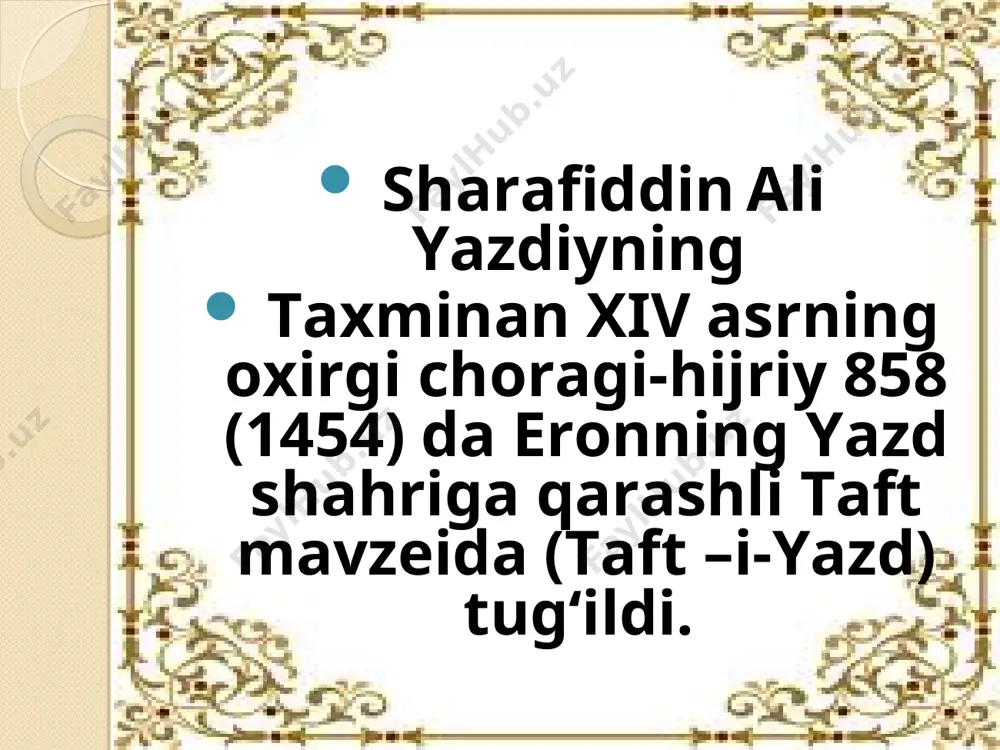 i hijriy 828 yili melodiy 1424-25 yozib tugatgan. «zafarnoma» xv va xvi asrlarda “zafarnoma” qahramonlik qissasi janrida ikki marta sheʼriy yoʻl bilan oʻzbek tilida lutfiy, fors tilida abdurahmon jomiyning jiyani hotifiy (vafoti – 1521) tomonidan kuylangan edi. xvi asr boshlarida shayboniylarning dastlabki vakillaridan kuchkunchixon (1510–1530) topshirigʻiga muvofiq muhammad ali ibn darvesh ali buxoriy tomonidan “zafarnoma” oʻzbek tiliga tarjima qilingan. adabiyotlarda hofiz muhammad ibn ahmad al-ajamiy tomonidan asarning turk tiliga tarjima qilinganligi haqida ham maʼlumot bor. bulardan tashqari “zafarnoma” 1822–1823 yillarda xivada xudoyberdi ibn qoʻshmuhammad soʻfi al-xivoqiy tomonidan oʻzbek tiliga qisqartirib tarjima qilinganligi ham maʼlum. xviii asrdan boshlab “zafarnoma”ning ayrim qismlari fransuz (peti de la kroa, 1713), ingliz (j. darbi, 1723) va rus tiliga ham tarjima qilingan. asarning forscha matni esa 1887–88 yillarda kalkuttada (hindiston), 1958 yili tehronda (eron) chop etilgan. biroq bu nashrlarda asarning “muqaddima” qismi hamda zaruriy koʻrsatkichlar berilmagan. 1972 yili toshkentda asarning har ikki qismini qamragan oʻzbekiston respublikasi …