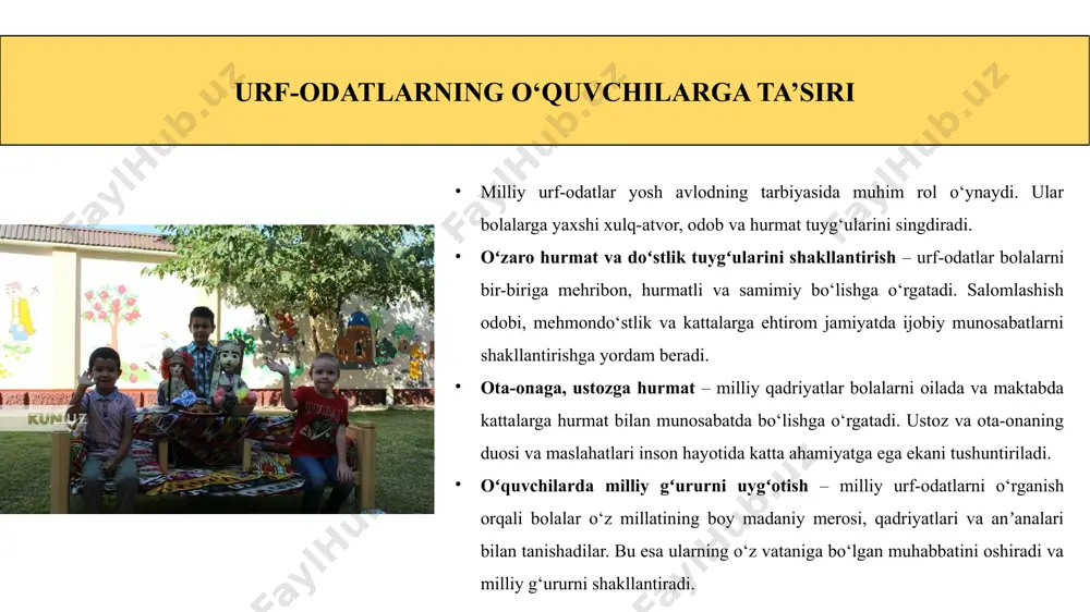 ar hayotiy misollar orqali tushuntiriladi. shu orqali o‘quvchilar jamiyatning munosib a’zosi bo‘lib yetishishadi. e’tiboringiz uchun rahmat! image1.png image2.png image3.png image4.png /docprops/thumbnail.jpeg