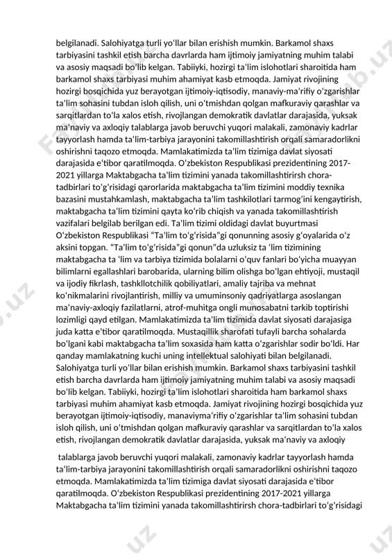 osqichida yuz berayotgan ijtimoiy-iqtisodiy, manaviyma‘rifiy o‘zgarishlar ta’lim sohasini tubdan isloh qilish, uni o‘tmishdan qolgan mafkuraviy qarashlar va sarqitlardan to‘la xalos etish, rivojlangan demokratik davlatlar darajasida, yuksak ma‘naviy va axloqiy talablarga javob beruvchi yuqori malakali, zamonaviy kadrlar tayyorlash hamda ta‘lim-tarbiya jarayonini takomillashtirish orqali samaradorlikni oshirishni taqozo etmoqda. mamlakatimizda ta’lim tizimiga davlat siyosati darajasida e‘tibor qaratilmoqda. o‘zbekiston respublikasi prezidentining 2017-2021 yillarga maktabgacha ta’lim tizimini yanada takomillashtirirsh chora-tadbirlari to’g’risidagi qarorlarida maktabgacha ta’lim tizimini moddiy texnika bazasini mustahkamlash, maktabgacha ta’lim tashkilotlari tarmog’ini kengaytirish, maktabgacha ta’lim tizimini qayta ko‘rib chiqish va yanada takomillashtirish vazifalari belgilab berilgan edi. ta’lim tizimi oldidagi davlat buyurtmasi o‘zbekiston respublikasi “ta’lim to‘g‘risida”gi qonunning asosiy g‘oyalarida o‘z aksini topgan. “ta’lim to‘g‘risida”gi qonun”da uzluksiz ta ‘lim tizimining maktabgacha ta ‘lim va tarbiya tizimida bolalarni o‘quv fanlari bo‘yicha muayyan bilimlarni egallashlari barobarida, ularning bilim olishga bo‘lgan ehtiyoji, mustaqil va ijodiy fikrlash, tashkllotchilik qobiliyatlari, amaliy tajriba va mehnat ko‘nikmalarini rivojlantirish, milliy va umuminsoniy qadriyatlarga asoslangan …