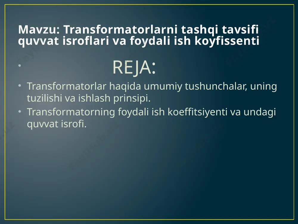 inadi: - elektr energiyasini uzatish va taqsimlash uchun mo‘ljallangan katta quvvatli (uch fazali) transformatorlar; - kerakli joylarda kuchlanishni keng doirada o‘zgartirib berish va dvigatellarni ishga tushirish uchun mo‘ljallangan avtotransformatorlar; - taqsimlash tarmoqlaridagi kuchlanishni rostlab turish uchun mo‘ljallangan induksion rostlagichlar: - o‘lchov asboblari va himoya vositalarini sxemalarga ulash uchun mo‘ljallangan o‘lchov transformatorlari; - payvandlash, qizdirish pechlari sinov, to‘g‘rilash va hokazolar uchun mo‘ljallangan maxsus transformatorlar. salt ishlash va qisqa tutashuvning tavsiflari bilan birga fik ni yuklamaga bog’liqligi transformatorlarning tashqi xarakteristikalari hisoblanadi. transformatorning tashqi xarakteristikasi deb ikkinchi cho’lg’amning =ƒ(ß) yoki yuklamalari bo’yicha quvvat koeffitsienti 2 har xil qiymatlaridagi va tarmoqning birinchi kuchlanishi va chastotasi o’zgarmagan holdagi kuchlanishga bog’liqlik grafigiga aytiladi. kuch transformatorlarda salt ishlash toklari kata emas. shuning uchun ikkilamchi kuchlanishlar aniqlanganda transformator o’rnini bosuvchi qisqartirilgan sxemalardan foydalaniladi, ularning ichki qarshiligi qisqa tutashuvning qarshiligi bilan aniqlanadi. transformatorlarning quvvat isroflari va fik . 2 cos𝞅 qiymati o’zgarmaganda fik ni yuklamaga bog’liqlik grafigi transformatordagi f.i.k …