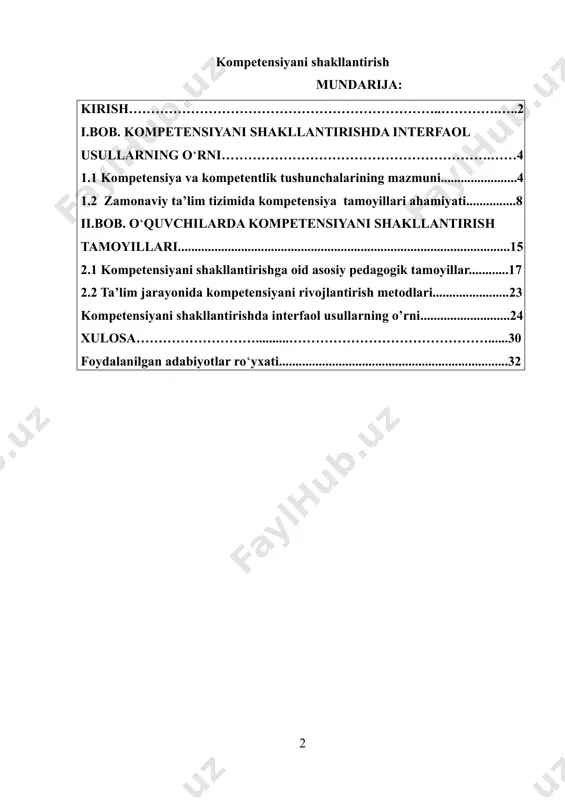 vchilarning qiziqishlari, qobiliyatlari va individual ehtiyojlariga mos kompetensiyalarni rivojlantirish. 2. faollik va mustaqillik tamoyili – o’quvchilarning faol ishtiroki, mustaqil fikrlashi va qaror qabul qilish ko’nikmalarini shakllantirish. 3. tizimlilik tamoyili – kompetensiyalarni bosqichma-bosqich va uzviy rivojlantirish, bilimlarni amaliyot bilan bog’lash. 4. muloqot va hamkorlik tamoyili – jamoaviy ish va ijtimoiy kompetensiyalarni shakllantirish orqali muloqot qobiliyatlarini rivojlantirish. 5. amaliyotga yo’naltirilganlik tamoyili – nazariy bilimlarni real hayotda qo’llay olish ko’nikmalarini o’rgatish. 6. natijaviylik tamoyili – o’quv jarayonining yakuniy natijalariga e’tibor qaratish, kompetensiyalarni baholash va rivojlantirish. bu tamoyillar asosida o’quvchilarda hayotiy, kasbiy va ijtimoiy kompetensiyalar samarali shakllantiriladi. kurs ishining maqsadi: o’quvchilarda kompetensiyani shakllantirish jarayonining nazariy asoslari va amaliy yo’llarini o’rganish hamda samarali tamoyillarni aniqlash orqali ta’lim sifatini oshirishga ko’maklashish. kurs ishining vazifalari: kompetensiya tushunchasining nazariy asoslarini aniqlash va tahlil qilish. 2. kompetensiyani shakllantirish tamoyillarini aniqlash va ularning ta’lim jarayonidagi ahamiyatini ochib berish. 3. o’quvchilarda kompetensiyalarni rivojlantirish uchun samarali usul va texnologiyalarni aniqlash. 4. kompetensiyani …