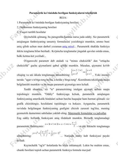 parametrik ko’rinishda berilgan funksiyaning hosilasini topish — DOCX