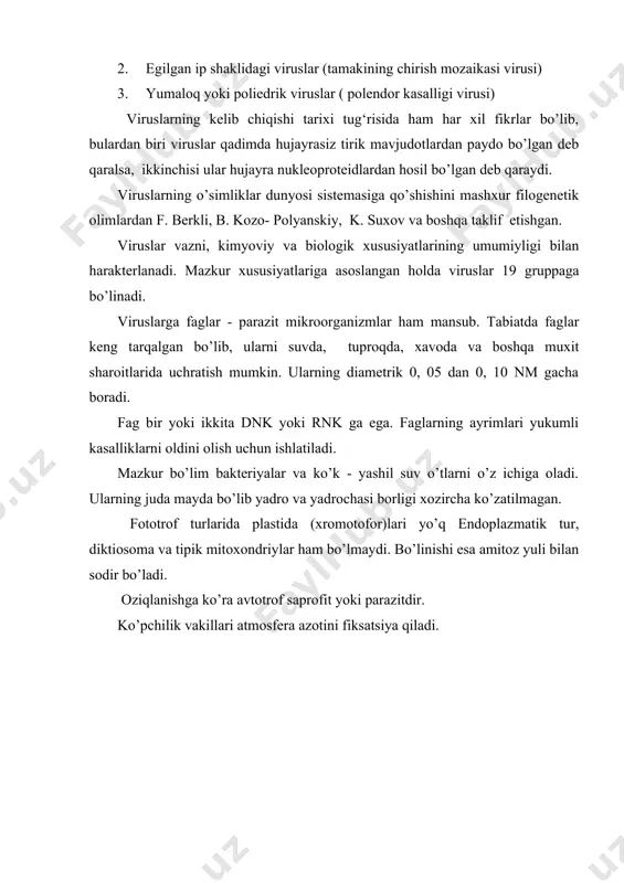 idagi sodda tuzilgan eng qadimgi va oddiy ko`z bilan ko`rib bo`lmaydigan organizmlar hisoblanib, hujayrasida mag`iz rosmana shakllanmaganligi va ko`payishda oddiy bo`linish yo`li bilan borishi xarakterlidir, jinsiy ko`payish uchramaydi. ularning ko`pchiligida plastidalar bo`lmaydi, shuning uchun ular geterotrof oziqlanadi. hujayra po`sti ham murein degan moddadan tashkil topgan. bakteriyalar bir hujayrali, ba’zan ipsimon yoki shoxlangan, koloniyali organizmlar bo`lib, ularning shakli jihatidan 3 guruhga ajraladi, masalan: sharsimon – koqklar. tayoqchasimon – batsillalar. buralgan – vibrionlar, spirillalar. bakteriyalarning morfologik xususiyatlari mikroorganizmlarning asosiy shakllari . 1- koqk; 2- diploqoqk; 3- sarsina; 4-streptoqoqk; 5- stafeloqoqk koloniya shakllari; 6- tayoqchasimon bakterii(bir hujayrali va sepochka kletoq); 7- spirilla; 8- vibrion; 9- bakteriyalarni yopiq va ochiq shakli; 10- bakteriyalarni o’sishi va rivojlanishi; 11- bakteriya chereveobraznoy formi; 12- bakteriyani yulduzcha ko’rinishidagi hujayrasi; 13- aktinomitset; 1- miksobakteriyaning mevatanasi; 15- bakteriyalarni butun tana bo’ylab xivchin hosil qilgan turi caryophanon; 16- sianobakteriyalarda sporlari; 8, 15, 17,18- bakteriya xivchinlarini joylashishi; 19- bakteriya kapsulasi; 20 –sphaerotilus, …