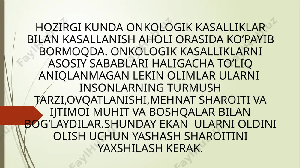 bemordan xavfli o’smalarning dastlabki bosqichidayoq butunlay holos qilishi mumkin. bu haqda bemorlarga va ularning yaqinlariga samarali tushuntirish ishlari olib borilishi kerak. e’tiboringiz uchun rahmat image1.png image2.png image3.png image4.png image5.png /docprops/thumbnail.jpeg