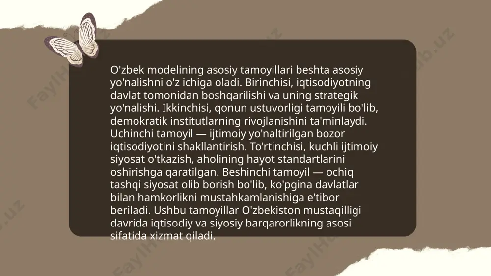 oirasida faoliyat yuritadi. o‘zbekistonning tashqi savdo aylanmasi 2022-yilda $50 milliarddan oshgan. yevropa va osiyo davlatlari bilan siyosiy, iqtisodiy hamkorlik rivojlanmoqda. prezident shavkat mirziyoyev islohotlari doirasida tashqi siyosatda ochiqlik va pragmatizm tamoyillari yetakchilik qilmoqda. o'zbekistonning o'ziga xos taraqqiyot yo'li berkishova sarvinoz azamat qizi e'tiboringiz uchun raxmat! image1.png image2.png image3.png image4.jpg image5.png image6.jpg image7.jpg /docprops/thumbnail.jpeg