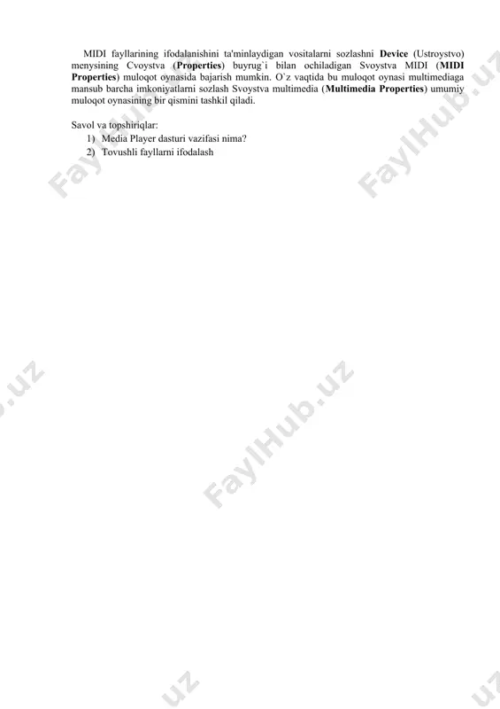 qcha bilan amalga oshiriladi. bu oyna o`z vaqtida menyning edit (pravka) bandidagi options (parametri) buyrug`i bilan ochiladi va quyidagi ko`rinishlarga ega: avtoperemotka (auto revinel) - multimedia fayli oxirigacha ifodalansin, so`ng avtomatik tarzda qayta g`altaklab qo`yilsin. avtopovtor (auto repeat) - multimedia fayli uzluksiz tarzda maxsus ko`rsatma bo`lmaguncha, qayta ifodalanaversin. bu muloqot oynasining qolgan bandlari multimedia ma'lumotlarini boshqa hujjatlarga uzatishga taalluqli. tovushli fayllarni ifodalash - ustroystvo (device) menysida sekvenser (sequencer) buyrug`i beriladi; - ochilgan muloqot oynasida kerakli faylni tanlab, otkrit (open) buyrug`i bajariladi; - vosproizvedeniye (play) tugmasi bosiladi. midi faylini ochish menyning fayl (file) bandidagi otkrit (open) buyrug`i bilan ham amalga oshirilishi mumkin. farqi, otkritiye fayla (open) muloqot oynasida midi sekvenver (sequencer) buyrug`i bilan ochiladi. tanlangan fayllar tipini belgilash uchun tip faylov (files of type) buyrug`iga murojaat qilish kerak. midi faylini ishga tushirish uchun sichqoncha tugmasi bilan uning piktogrammasini ikki marta bosish mumkin. buning uchun avval mos papkani ochish lozim. midi fayllarining …