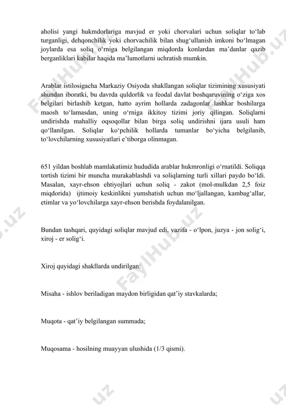 opilgan bitiklar, yozuvlar esa soliq to‘lash bo‘yicha katta devon bo‘lganligidan darak beradi. bu hujjatlarni tahlil qilish shuni ko‘rsatadiki, soliq yig‘ish va mahsulotlarni asrashga ko‘pdan-ko‘p amaldorlar jalb qilingan. iv-vi asrlardagi turkiy qavmlar tarixiga oid qadimgi manbalarda qabilalar, urug‘lar o‘rtasida sodir bo‘lgan to‘qnashuvlarda mag‘lubiyatga uchragan tomon aholisi yangi hukmdorlariga mavjud er yoki chorvalari uchun soliqlar to‘lab turganligi, dehqonchilik yoki chorvachilik bilan shug‘ullanish imkoni bo‘lmagan joylarda esa soliq o‘rniga belgilangan miqdorda konlardan ma’danlar qazib berganliklari kabilar haqida ma’lumotlarni uchratish mumkin. arablar istilosigacha markaziy osiyoda shakllangan soliqlar tizimining xususiyati shundan iboratki, bu davrda quldorlik va feodal davlat boshqaruvining o‘ziga xos belgilari birlashib ketgan, hatto ayrim hollarda zadagonlar lashkar boshilarga maosh to‘lamasdan, uning o‘rniga ikkitoy tizimi joriy qilingan. soliqlarni undirishda mahalliy oqsoqollar bilan birga soliq undirishni ijara usuli ham qo‘llanilgan. soliqlar ko‘pchilik hollarda tumanlar bo‘yicha belgilanib, to‘lovchilarning xususiyatlari e’tiborga olinmagan. 651 yildan boshlab mamlakatimiz hududida arablar hukmronligi o‘rnatildi. soliqqa tortish tizimi bir muncha murakablashdi va …