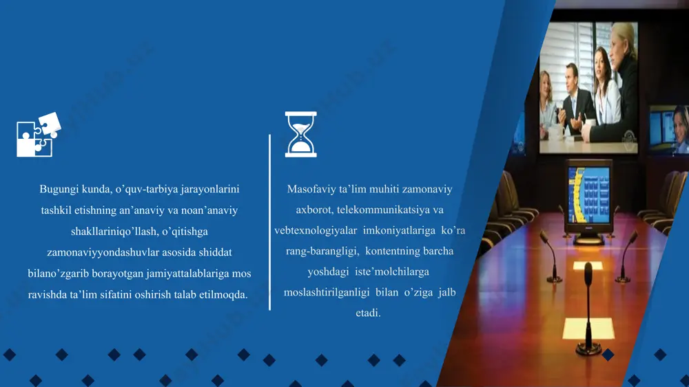 okonferentsiyaning barcha ishtirokchilarini ko'radi va eshitadi. talabalar bir-birlari bilan faqat umumiy matnli chat yordamida muloqot qilishlari mumkin. masofaviy ta'lim uchun videokonferensiyalar tashkil qilish sxemasi video translyatsiya: spiker tinglovchilarni ko'rmaydigan yoki eshitmagan holda keng auditoriyaga tarqatadigan videokonferentsiyaning turi. qolgan ishtirokchilar faqat boshlovchini ko'rishadi va eshitishadi va u bilan va bir-biri bilan matnli chat orqali muloqot qilishlari mumkin. video translyatsiya tashkil qilish sxemasi vebinar vebinar - bu har qanday foydalanuvchi ulanish uchun havolani bosish orqali qo'shilishi mumkin bo'lgan guruh konferentsiyasining turi. siz uni brauzerdan yoki mijoz dasturidan tomosha qilishingiz mumkin va egasi tomoshabinni kengaytirish uchun taqdimotni efirga uzatishni boshlashi mumkin. vebinar tashkil qilish sxemasi videokonferensiya va uni tashkil etish konferensiyada qatnashish uchun quyidagilar zarur: kompyuterda maxsus videokonferensiyani ta’minlovchi qurilma va programm ta’minot o’rnatilgan bo’lishi shart. videokamera audiomikrofon internet videokonferensiya quyidagi imkoniyatlarga ega: bir paytning o’zida dunyoning turli nuqtalaridagi mutaxxassislarni virtual konferensiya xonaga yig’ish. turli matnli, audio va videoli ma’lumotlarni uzatish. birgalikda ma’lumotlarni …