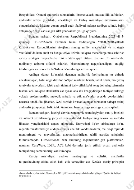 lik, korporativ boshqaruv madaniyati va biznes muhitining ochiqligini ta’minlashga xizmat qiladigan strategik zaruratdir. auditga xizmat ko‘rsatishni xas asosida takomillashtirish orqali davlat moliyaviy boshqaruvini shaffof qilish, byudjet mablag‘larining sarflanishini nazorat qilish, xalqaro moliyaviy tashkilotlar bilan hamkorlikni chuqurlashtirish va yakunda barqaror iqtisodiy rivojlanishga zamin yaratish mumkin. bundan tashqari, xalqaro auditorlik standartlarini amaliyotga tadbiq etishda milliy muhitning o‘ziga xos xususiyatlari ham hisobga olinishi lozim. jumladan, iqtisodiyotda hali ham davlat ulushining yuqoriligi, ichki nazorat tizimlarining rivojlanmaganligi, auditorlik tashkilotlarining son jihatdan ko‘pligi, biroq sifat jihatidan bir xil emasligi kabi muammolar mavjud. shu bois, xalqaro standartlar asosida xizmat ko‘rsatish faqatgina metodik hujjatlarni tarjima qilish emas, balki bu tizimni milliy sharoitga moslashtirish, auditorlarning kasbiy saviyasini oshirish, axborot tizimlari bilan integratsiyani kuchaytirishni ham o‘z ichiga oladi. shuningdek, auditga xizmat ko‘rsatishda axloqiy mezonlarga qat’iy amal qilish tobora dolzarb ahamiyat kasb etmoqda. auditor mustaqilligini ta’minlash, mijoz bilan manfaatlar to‘qnashuviga yo‘l qo‘ymaslik, audit jarayonida oshkoralik va xolislikni saqlash xalqaro standartlarda qat’iy …