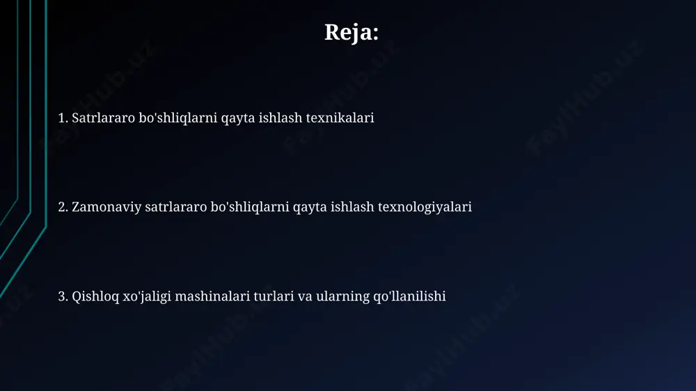 paxta dalalarida 20% gacha vaqt tejash va mehnat unumdorligini oshirish imkonini beradi. precision farming texnologiyalari bilan jihozlangan zamonaviy texnikalar, masalan, sensorlar va datchiklar yordamida, 50 gektarlik maydonda oʻsimliklarning oʻsishini kuzatib, suv va oʻgʻit sarfini 10% kamaytirishga yordam beradi. iqtisodiy jihatlar o'zbekistonning janubiy hududlarida, ayniqsa qashqadaryo viloyatida, suv resurslarining kamligi sababli, qatorlararo bo'shliqlarni optimal qayta ishlash texnikasi 30% gacha suv tejamkorligini ta'minlashi mumkin. qatorlararo bo'shliqlarni qayta ishlash texnikasining joriy etilishi samarqand viloyatining paxtachilik xo'jaliklarida 20% gacha mehnat unumdorligini oshirishi va 15% ga energiya sarfini kamaytirishi mumkin. tuproqni ishlov berish uskunalari samarqanddagi eksperimental maydonda oʻtkazilgan sinovlarda "paxtakor-50" markali qator oraligʻini ishlov berish moslamasi 10-25 sm oraligʻida tuproqni yumshatish samaradorligi 85% ni tashkil etdi va suv isteʼmolini 15% ga kamaytirdi. oʻzbekistonning andijon viloyatida 2023-yilda ishlab chiqarilgan "tuproq-2000" modeli qator oraligʻini ishlov beruvchi mashinalari 15 sm gacha chuqurlikda ishlay oladi va 30 ga yaqin gektar maydonni bir kunda qayta ishlashi mumkin. qatorlararo bo'shliqlarni sug'orish …