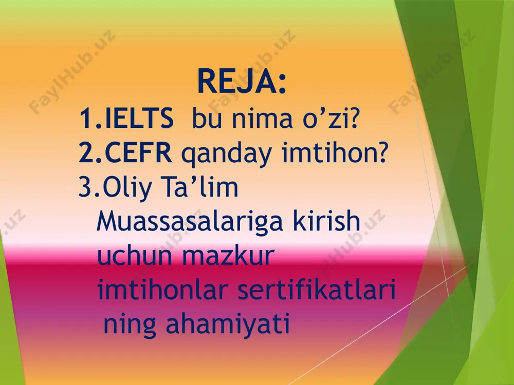 osan foydalanuvchilarni to’rt yo’nalish: speaking (gapirish) reading (o’qish) listening (tinglab tushunish) writing(yozish) ko’nikmalari darajalari baholanadi. cefr sizga nima beradi? 2017—2018-o‘quv yilidan boshlab cefr’ning b1 darajasiga ega abituriyentlar chet tilidan test topshirmagan holda maksimal ballni qo‘lga kiritishlari mumkin. asos: o‘zbekiston respublikasi vazirlar mahkamasining 2017-yil 11-avgustdagi 610-sonli “ta’lim muassasalarida chet tillarini o‘qitishning sifatini yanada takomillashtirish chora-tadbirlari to‘g‘risida”gi qarori. e’tiboringiz uchun katta raxmat image1.jpeg image2.jpeg image3.jpeg image4.png image5.jpeg image6.jpg image7.jpeg image8.jpg image9.png /docprops/thumbnail.jpeg