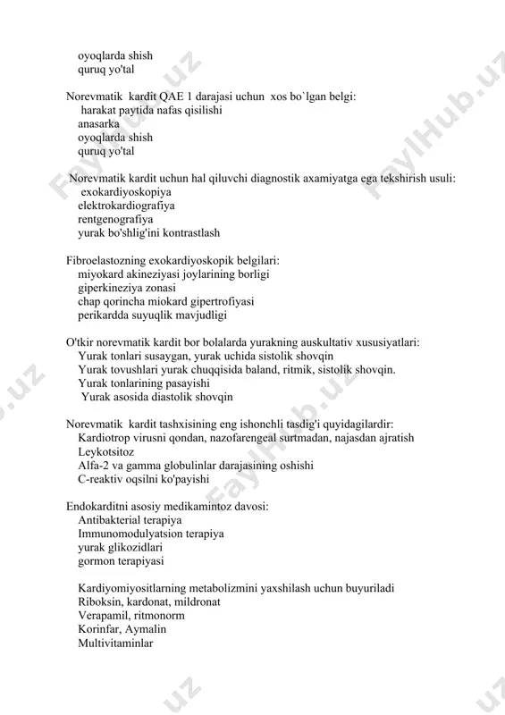 n testida quyidagilar aniqlanadi: leykotsitoz anemiya eozinofiliya leykopeniya qaysi miokarditda eng og'ir klinik ko'rinish kuzatilishini aniqlang: difteriya, idiopatik miokardit yuqumli-allergik kardit revmokardit tizimli qizil yugurukda kardit bolalarda norevmatik karditlarda ko`pincha quyidagilar zararlanadi: endokard miokard perikard endomiokard va miyokard erta tug'ma kardit quyidagilarni o'z ichiga oladi: fibroelastoz surunkali miokardit o`tkir osti miokardit o'tkir miokardit erta tug'ma kardit homiladorlikning qaysi muddatida shakllanadi: 4-6 oy 1-3 oy 7-9 oy tug'ilgandan keyin kechki tug'ma kardit homiladorlikning qaysi muddatida shakllanadi: 7-9 oy 4-6 oy 1-3 oy tug'ilganda fibroelastoz asosida yotadi: homiladorlikning ikkinchi trimestridagi o'tkir infektsiya onaning o'tkir infektsiyasi homiladorlikning birinchi trimestridagi o'tkir infektsiya bolada o'tkir infektsiya bolada fibroelastozga quyidagi hollarda shubha qilish mumkin: davolashga doimiy refrakter taxikardiyaning mavjudligi v nuqtada qo'pol sistolik shovqin doimiy bradiaritmiya tug`ma gipotrafiya fibroelastozga qo`yidagi yurakdan tashqari ekstrakardial o'zgarishlar xos emas: splenomegamiya rivojlanish kechikishi gepatomegaliya "yurak bukrisi" bolada fibroelastozga quyidagi hollarda shubha qilish mumkin: "yurak bukrisi " kifoskolioz voronkasimon ko'krak qafasi …