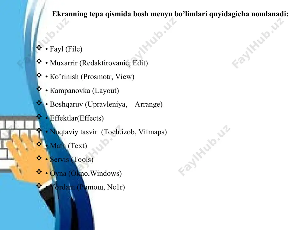 omlanishi uchun. panel co1or styles (цvetovye stili) - ranglar to’plamidan foydalanish uchun. panel symbols and special characters (simvoly i spetsialnye znaki) - dekorativ simvollar sinfi tanlash uchun. • panel internet bookmark manageg (dispetcher zakladok internet) - matnli gipermurojatlarni yaratish va boshqarish uchun. • panel ntml object conflict (analizator konfliktov ob’ektov ntml) - xujjatlarni korrektsiyalash va tekshirish, internet tarmog’i orqali taqdim etish uchun. • panel script and preset manageg (dispetcher makrosov i gotovyx obraztsov) - makroprgrammalarni yozish va sozlash uchun uchun. • panel object data (baza dannyx) - xujjatdagi jadvalni xar bir ob’ektlarini ma’lumotini o’zlashtirish, masalan: o’lchami, narxi va boshqalar. • panel object rrorerties (svoystva ob’ektov) - xujjatdagi ob’ektlarni parametrlarini o’zgartirish va aks ettirish uchun. • panel link manageg (dispetcher svyazannyx izobrajeniya) - xujjatda bo’lmagan ammo u bilan aloqada bulgan tasvirlarni boshqarish. • panel vitmap so1og mask (цvetovaya maska tochechnogo izorajeniya) - nuktaviy tasvirlarni rangli nikoblarni yaratish uchun. • panel lens …