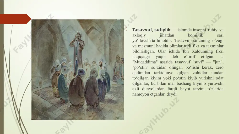 ritadi. ammo banda o‘zini alloh taolo eshitishi yoki ko‘rishini butun vujudi bilan qanday his qilishini tasavvuf ilmi o‘rgatadi. aqoid kitoblarida iymon haqida, kufr va uning turli ko‘rinishlari haqida, shuningdek, nifoq va uning belgilari haqida bahs yuritiladi. tasavvuf kitoblarida esa iymonni amaliy ravishda haqiqatga aylantirish, kufrdan chetlanish va nifoqdan qutulish yo‘llari batafsil bayon qilinadi. bunda mo‘min-musulmon bandaning axloqi qur’oni karim va hadisi sharif ta’limotlari asosida qanday bo‘lishi kerakligi o‘rgatiladi va uni tatbiq qilish yo‘lga qo‘yiladi. zotan, bu amal har bir mo‘min-musulmon uchun farzdir. o‘sha farz amalni yo‘lga qo‘yish aynan tasavvuf orqali joriy etiladi. tasavvuf qur’on va sunnat haqiqatiga yetib, unga butun vujud bilan amal qilishni o‘rgatadi tasavvuf tahzibi axloqni – axloqni sayqallashni yo‘lga qo’yadi albatta, oyat va hadislarni o‘qish boshqa, uqish boshqa. ularni uqqandan keyin zohiriy amal qilish boshqa, butun vujudi – jismi, qalbi va ruhi bilan amal qilish boshqa. tasavvuf aynan shu narsani, ya’ni qur’on va sunnatda kelgan ma’nolarni tushunish …