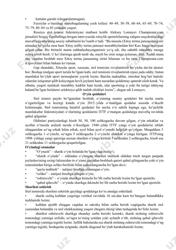 irgan. bunda tovush - og'iz bo'shlig'idagi barcha a'zolarni harakatlantirish (baland-past ovoz chiqarish, tilni chiqarish, tortish, burash, tuflash va h.k.) mashqlarini beigan. ichki a'zolarni ishga tushirish mashqlariga belanchakda uchish, titratish, aravalarda yurish va b.q.ni tavsiya etadi. ibn sinoning ilmiy-pedagogik meroslarida jismoniy tarbiyaning eng muhim vositalari sifatida hammomda cho'milish, sovuq suvda cho'milish, suv va ichimliklarni iste'mol qilish, ovqatlanish, uyqu va dam olish mazmunlari ham joy olgan. keksalik davridagi jismoniy tarbiya va umuman safar (sayohat) vaqtlarida fasllarga qarab harakat qilish asoslarini ham ko'rsatadi. ibn sinoning jismoniy tarbiya sohalaridagi ilmiy-pedagogik ta'limotini chuqur o'rganish, uni insonlarning yoshi, jinsi, ijtimoiy turmush sharoiti va e'tiqodlariga qarab qo'llash usullarini hozirgi davr talabi asosida keng yo'lga qo'ymoq zarur. buning uchun esa, eng avvalo, jismoniy tarbiya ta'limini aholi orasida keng targ'ib qilish, uning insonlar salomatligini yaxshilash hamda jismoniy kamolotga eltuvchi mohiyatlarini barcha kishilar ongiga singdirish lozim bo'ladi. stol tennisining hozirgi kundagi holati hozirda barcha qit’alarda stol tennisi bilan professional tarzda …