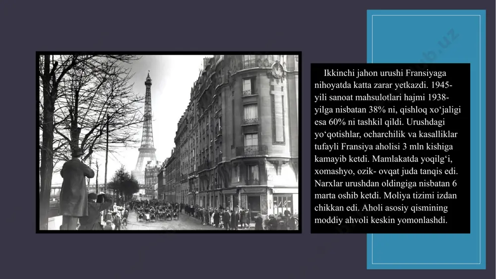 chki siyosiy hayotdagi eng muhim voqea ta’sis majlisiga saylovlar o‘tkazish va yangi konstitutsiyaning qabul qilinishi bo‘ldi. ta’sis majlisiga saylovlar va uning vakolatlari bo‘yicha referendum 1945 yil 21 oktyabrda bo‘lib o‘tdi. eng ko‘p ovozni kommunistlar va sotsialistlar oldi. kommunistlarning koalitsion hukumat tuzish taklifini sotsialistlar rad etdi. hukumatga de goll boshchilik qildi. to’rtinchi respublika.1946 yil mayda ta’sis majlisi konstitutsiya loyihasini referendumga kiritdi. unda an’anaviy siyosiy erkinliklar bilan bir qatorda ijtimoiy va iqtisodiy huquqlar: mexnat qilish va dam olish huquqi, ish tashlashlar va ishchilarning mehnat sharoitlarini belgilashda ishtirok etish huquki, erkaklar va ayollar huquqlarining tengligi belgilab qo‘yildi. mulk hukuki, agar u ozodlikka, xavfsizlikka, boshka fuqarolarning hayoti va mulkiga xavf solmagan taqdirda kafolatlandi. konstitusiya loyihasida qonun chiqaruvchi hokimiyat bir palatali milliy majlisga berilishi ko‘zda tutildi. milliy majlisda ko‘pchilik o‘rinlarni so‘llar egallashidan cho‘chigan o‘nglar konstitutsiya loyihasiga qarshi tashviqot olib bordi. 1946 yil 13 oktyabrda bo‘lib o‘tgan referendumda konstitutsiya loyixasi ma’qullandi. 1791 yilgi konstitutsiya matnidagi «fransiya …