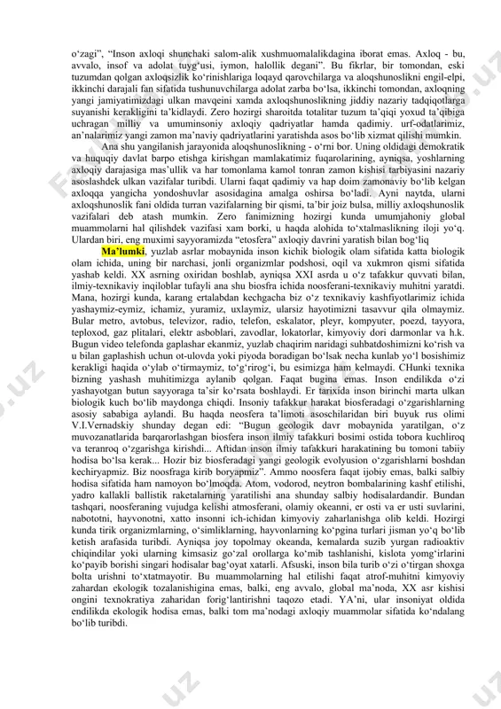 adqiq etadi va amaliyotda insonni ezgulik orqali haqiqatga olib borishta xizmat qiladi: shu bois uni axloq falsafasi -yoxud ezgulik falsafsi deb atash mumkin.xozir u falsafiy fan sifatida uch yo‘nalishda ish olib boradi, ya’ni axloqiy tafakkur taraqqiyoti tadqiq etar ekan, u axloqini: 1) bayon qiladi; 2) tushuntiradi; 3) o‘rgatadi. shunga ko‘ra, u tajribaviy-bayoniy, falsafiy-nazariy va rasmona-me’yoriy tabiatga ega. qadimrilar uni amaliy falsafa deb ataganlar. zero sof nazariy axloqshunoslikning bo‘lishi mumkin emas. u insoniyat o‘z tajribasi orqali erishgan donishmandlik namunalarini hikmatlar, naqllar, matal-maqollar tarzida bayon etadi, kishilarni axloqiy qonun-qoidalarga o‘rgatadi, ularga axloqning moxiyatini tushuntiradi va falsafiy xulosalar chiqaradi. ya’ni, axloqshunoslik fanida aflotun, arastu, epikur, sitseron, seneka, avgustin, forobiy, ibn sino, g‘azzoliy, spinoza, kant, gegel, shopengauer feyerbax, nitsshe, vl.solovyov, losskiy singari buyuk faylasuflar yaratgan axloq nazariyasiga doir ta’limotlar bilan birralikda “patanjali”, “qobusnoma”, sa’diyning “guliston”, jomiyning “bahoriston”, navoiyning “mahbub, ul-qulub”, montenning “tajribanoma”, laroshfukoning “xikmatlar”, gulxaniyning “zarbulmasal” kabi amaliy axloqqa bag‘ishlangan asarlar ham o‘z mustahkam …