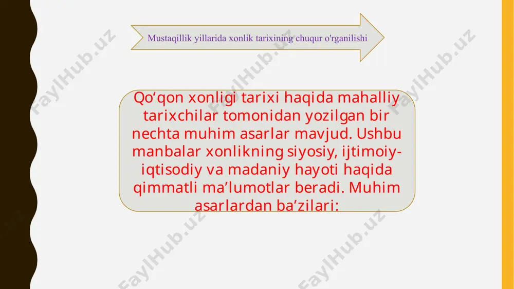amlakatlarida bo'lib o'tgan voqealar haqida ma'lumot bersa, 2-jildida farg'onaning, shu jumladan toshkent shahrining xv asr oxiridan xix asming 80- yillarigacha bo'lgan tarixi hikoya qilinadi. yirik tarixiy manbalardan biri “tarixi shohruhiy” asari niyoz muhammad xo'qandiy qalamiga mansub. niyoz muhammad ho'qandiy 1803-yilda qo'qonda yirik harbiy xizmatchi oilasida tug'ilgan, madrasada ta'lim olgan. xudoyorxon qo'shinida harbiy kotib lavozimida xizmat qilgan. 1860-yillarda iste'- foga chiqqanidan so'ng ilmiy ish bilan mashg.'ul bo'lgan. 1876- yili vafot etgan. qozoq olimi t. k. beysembiyevning yozishicha, “tarixi shohruhiy” 1871-1872-(hijriy 1288-yil)-yillarda xudoyorxonning ko'rsatmasi bilan fors tilida yozilgan. ushbu manba birinchi marotaba 1876-yili tarixchilar nazariga tushgan. 1885-yili rus sharqshunosi n. n. pantusov tomonidan qozonda chop etilgan. ayrim qismlari v. v. bartol'd, i. g. mallitskiy va v. a. romodin tomonidan rus tiliga tarjima qilingan. asarda qo'qon xon larining ayrim yurishlari, xonlikning buxoro, sharqiy turkiston va boshqa mamlakatlar bilan ijtimoiy-iqtisodiy va madaniy aloqasi haqida qimmatli ma'lumotlar mavjud. “tarixi shoxruxiy” asari xviii asr boshlaridan tortib …