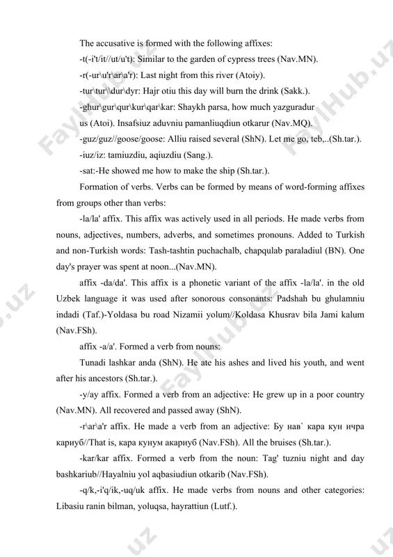 the noun: tag' tuzniu night and day bashkariub//hayalniu yol aqbasiudiun otkarib (nav.fsh). -q/k,-i'q/ik,-uq/uk affix. he made verbs from nouns and other categories: libasiu ranin bilman, yoluqsa, hayrattiun (lutf.). -sa affix. formed a verb from a noun: dilraba, abi hayat ernin for jan susadiu (lutf.) si'n affix. he made a verb from a noun and an adjective: iglamasunlar, he does not like tears (nav.mn). forms of the verb used in speech are its functional (practical) forms. some forms of the verb also accept agreement and possessive affixes in a sentence, it can act as a noun and other word groups, and can also act as a possessive, determiner, complement or case. accordingly, such forms are considered grammatical-functional forms of verbs. grammatical-functional forms of verbs are pure verbs, verbs, adjectives and adverbs. grammatical-functional forms of the verb, on the one hand, have signs specific to the verb, and on the other hand, …