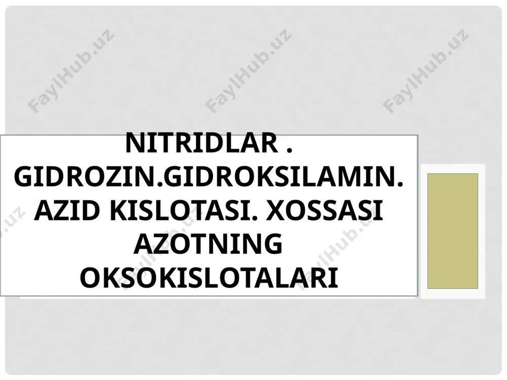il qilib ammoniy ioniga aylanadi. vodorod ionlari ammoniy ioni ammoniy tuzlari. ammoniy ioni bilan kislota qoldiqlaridan hosil bo‘lgan murakkab moddalar ammoniy tuzlari deyiladi. nh4cl, nh4no3, (nh4)2so4, (nh4)3po4; nh4hso4, nh4h2po4, (nh4)2hpo4 ularning o‘ziga xos xossalari quyidagilardir: 1. qattiq qizdirilganda parchalanadi: (nh4)2co3 = 2nh3↑ + h2o + co2↑ 2. ishqorlar ta’sir ettirilganda ammiak ajralib chiqadi: (nh4)2so4 + 2naoh = na2so4 + 2nh3↑ + 2h2o ammoniy tuzlarining barchasi suvda yaxshi eriydigan moddalardir. image2.emf image3.jpeg image4.png image5.png image6.emf image7.jpeg image8.jpeg image9.jpeg image10.jpeg image11.jpeg image12.emf image13.jpeg image14.png image15.jpeg image16.jpeg image17.jpeg image18.jpeg image19.jpeg image20.jpeg image21.png image22.jpeg image23.jpeg image24.png image25.png image26.png image27.emf /docprops/thumbnail.jpeg