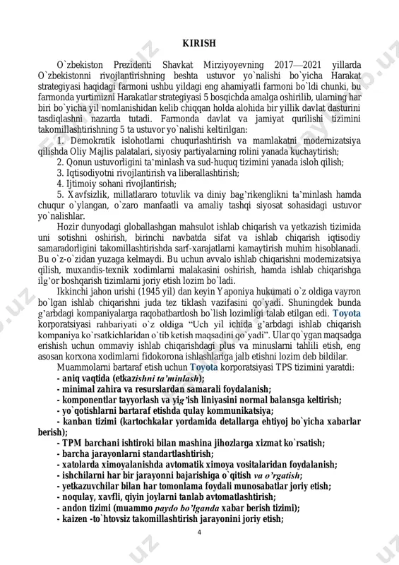 rcha yuqoridagilar printsiplarni qo`llash yaponiyada ishlab chiqarish texnologiyasi takomillashuvi va mahsulot sifatini o`sishiga, shuningdek g’arb kompaniyalarni bozorda siqib chiqarishga olib keldi. 1980 yillarga kelib “tps” printsiplari toyota va yaponiyadan tashqariga chiqdi. buning natijasida 1982 yil toyota va gm amerika qo`shma shtatlarida qo`shma korxona «nummi» tashkil etdi va «qancha mahsulot ko`p bo`lsa, shuncha yaxshi» shiori «barcha resurslar yarimi bilan o`sha sifat va o`sha hajmda mahsulot» shioriga almashtirildi. gm korporatsiyasi bazasi ushbu toyota va suzuki filosofiya g’oyani keng yoyish uchun 1996 yilda gm ning gms (global manufacturing system – gms) kontseptsiya yaratildi. gms tizimi nafaqat gm ning toyota va suzuki filosofiyasi qismi edi. gms kontseptsiyasi ishlab chiqarish boshqarish tizimi gm korporatsiyasini yagona tizim; yagona til; yagona tushuncha asosida yaratilgan bo`lib, u 5 ta printsipni ya’ni xodimlarni jalb etish, standartlashtirish, biriktirilgan sifat, buyurtmani qisqa vaqtda yetkazish va doimiy takomillashtirish printsiplarni o`z ichiga oladi. 6 1-mavzu. lean ishlab chiqarish tarixi, vositalari va usullari. reja: …