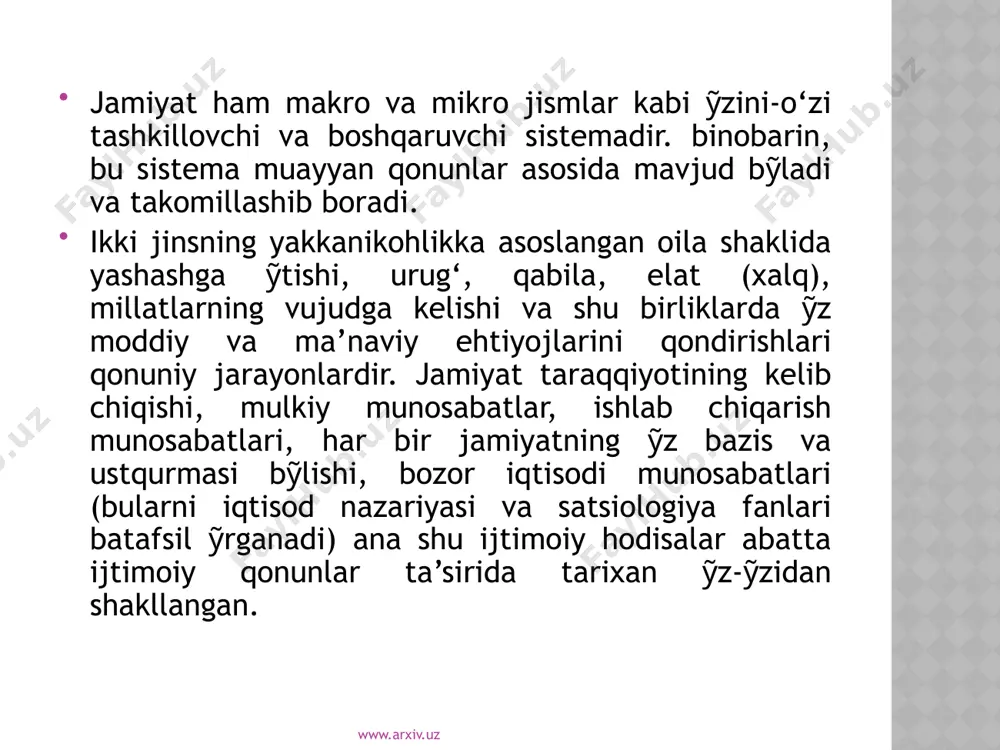 shtirish uchun ana shu «yetakchi mayllar»ni anglab yetgan, uning harakat yỹnalishlariga monand odamlar faoliyatini aniq maqsadlar sari yỹnaltirishga qobiliyatli tarixiy shaxslar, ularning g‘oyalarini amalga oshirishga kamarbasta bỹlishga uyushgan siyosiy partiyalar va ijtimoiy harakatlar kerak bỹladi. www.arxiv.uz ijtimoiy qonunlar «sof» holda emas, balki «yetakchi mayl» shaklida va «taxminiy» tasnifda namoyon bỹladiki, bu hol jamiyat qonunlarini ỹrganish alohida metodologik ahamiyat kasb etadi. ¥ar bir tarihiy davrda yetilgan ijtimoiy ehtiyojlarni anglash, bu ehtiyojlarni qondirishdan manfaatdor kuchlarni birlashtirish uchun ana shu «yetakchi mayllar»ni anglab yetgan, uning harakat yỹnalishlariga monand odamlar faoliyatini aniq maqsadlar sari yỹnaltirishga qobiliyatli tarixiy shaxslar, ularning g‘oyalarini amalga oshirishga kamarbasta bỹlishga uyushgan siyosiy partiyalar va ijtimoiy harakatlar kerak bỹladi. www.arxiv.uz www.arxiv.uz xulosa: a) jamiyat muayyan qonunlar asosida ỹzini-o‘zi tashkillovchi va boshqaruvchi sistemadir; b) tabiat va jamiyat qonunlaridagi umumiylik va ayrimliklarni anglab, ulardan ijtimoiy-taraqqiyotda foydalanish mumkin; v) ijtimoiy qonunlar odatda «yetakchi mayllar» sifatida namoyon bỹladiki, ularni anglash orqali jamiyatni ilmiy boshqarish mumkin; …