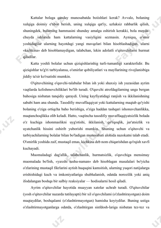 pedagogik tomondan ham, axloq tomondan ham noto'g'ri, katta xatodir. bundan tashqari, o'qituvchi tomonidan o'quvchilar bilimini baholashda ham xatoliklarga yo'l qo'yilishi o'quv-bilish faoliyatini o'zgarishiga olib keladi, o'qituvchini esa o'quvchilar jamoasida obro'sizlantiradi. pedagogik nizolar xususiyatlari: · nizoning pedagogik to'g'ri hal qilinishi uchun o'qituvchining mas'uliyati (lekin bunda oliy o'quv yurti o'qituvchisi balog'atga etgan, o'z hararakatlari uchun mas'ul yoshdagi insonlar bilan ishlashini yoddan chiqarmasuk kerak); · nizo ishtirokchilari har xil ijtimoiy darajadadirlar (o'qituvchi-o'quvchi); · bu esa nizoda tomonlarning hatti-harakatlari o'rtasida farq bo'lishini ta'minlaydi; · nizo ishtirokchilarining hayot tajribasidagi farq ularni har xil pozisiyaga ajratadi va uning echilishida ularning mas'uliyat darajasini ham farqlaydi; · ishtirokchilar voqealarga har xil ko'z bilan qaraydilar, shuning uchun o'qituvchi uchun talaba ichki kechinmalarini tushunish qiyin bo'lsa, talabaga o'z hissiyotlarini boshqarish qiyindir; · pedagogik nizo odatda boshqa talabalar guvohligida bo'lib o'tadi va ular uchun ham tarbiyaviy ahamiyatga ega; (vazifa - talqin) · o'qituvchining kasbiy pozisiyasi uni nizoni echishda tashabbusni o'z qo'liga …