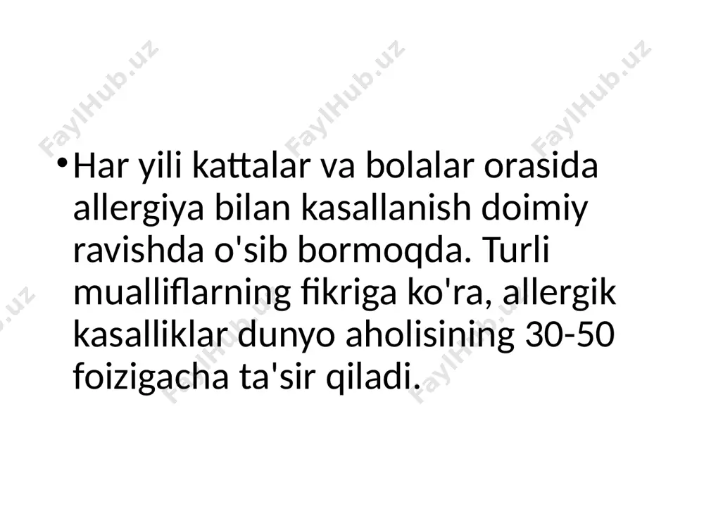 biy qismlariga (oqsil molekulalariga) o'ziga xos ige darajasi aniqlanadi. allergen molekulalar tabiiy manbalardan (mahalliy, tozalangan allergenlar) ajratilishi yoki rekombinant (rekombinant allergenlar) olinishi mumkin bo'lgan yuqori darajada tozalangan oqsillardir. molekulyar allergiya diagnostikasi haqiqiy reaktsiya va psevdoreaktsiya o'rtasidagi farqni aniqlash imkonini beradi. molekulyar diagnostikaning foydalari (1) molekulyar allergiya diagnostikasi allergenga xos immunoterapiya (asit) uchun preparatni to'g'ri tanlashga yordam beradi va davolash samaradorligini bashorat qiladi. molekulyar diagnostikaning foydalari (2) allergik reaktsiyalarning zo'ravonligini bashorat qilish. tuxumlar: umumiy oqsilning taxminan 80% 4 ta allergendan iborat: ovomukoid (gal d 1, 11%), ovalbumin (gal d 2, 54%), konalbumin, ovotransferrin (gal d 3, 12%) va lizozim (gal d 3, 12%). gal d 4, 3%). ovomukoid - asosiy allergen, yuqori darajada glikozillangan oqsil, proteazlarga va issiqlik bilan ishlov berishga chidamli, bir soat davomida 100 ° c da ishlov berilgandan keyin ham o'zining immunogen xususiyatlarini saqlab turishga qodir. asit samaradorligini bashorat qilish (1) asit allergenning asosiy tarkibiy qismlariga o'ziga xos …