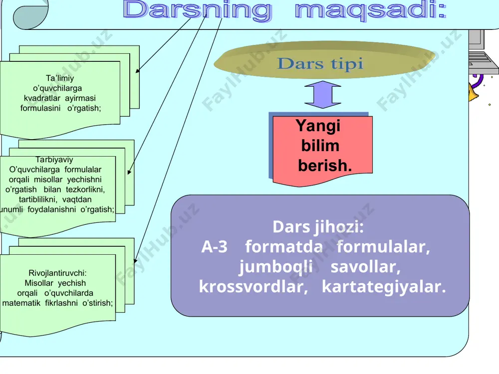 m yangi kun ey nurli kelajak, zamin-u zamon zarhal so’zlar bilan yozilajakdir oltin sahifangda o’zbek degan nom. 2-o’quvchi: 1-o’quvchi: assalomu alaykum muhtaram ustozlar, aziz mehmonlar, bilimdon o’quvchilar. 2-o’quvchi: mana bugun 7”i” sinf ikki jamoa o’quvchilari o’rtasida geometriya fanidan bellashuv. 1-o’quvchi: kechamizga xush kelibsiz azizlar. 2-o’quvchi: yoshlarni hech kimga bermayman degan yurtboshimiz so’zlari qalblarida bugun sizni asragaymiz yomon ko’zlardan jonimizni tikarmiz beshak siz uchun. 1-o’quvchi: elimga olloh nazari tushgan sulaymon taxtidan balanddir taxtim shu bois dovrug’i olamga tutgan yurtning farzandiman porloqdir baxtim. 1-o’quvchi: kechamizda eng zo’r jamoani aniqlab qolmay, eng bilimdon, eng chaqqon o’quvchilarni ham aniqlab olamiz. 2-o’quvchi: endi esa shartlar bilan tanishamiz.1-shart-”jamoalar kirishi”. 1-o’quvchi: 2-shart-”uyga vazifa tariqasida berilgan geometrik shakllar tanlovi”. 2-o’quvchi: 3-shart-”kartochkali savollarga yozma javob beramiz”. 1-o’quvchi: 4-shart- “tezkor savollar”. 2-o’quvchi: 5-shart- “krossvord yechish”. 1-o’quvchi: navbat 1-shartni bajarish uchun jamoalarga . 1-jamoa - “planimetriya” nomi bilan chiqadi. 2-jamoa - “fales izdoshlari” nomi bilan chiqadi. jamoa a’zolari musiqa ohangida kirib …