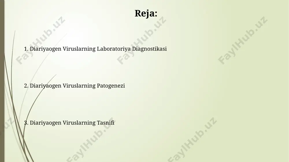 rida namuna tekshirilishi mumkin. rotaviruslarning patogenezi rotaviruslarning patogenezi meʼda-ichak trakti epiteliy hujayralariga vp4 glikoproteinining retseptorlari orqali birikishi bilan boshlanadi, bu jarayon hujayra shikastlanishiga va enterit rivojlanishiga olib keladi. virus replikatsiyasi hujayra yadrosida emas, balki sitoplazmada sodir boʻlib, yangi virionlarning hosil boʻlishi va hujayraning lizisiga olib keladi, bu esa suyuqlik yoʻqotilishiga sabab boʻladi. sapoviruslar sapoviruslarning rt-pcr yordamida aniqlanishi yuqori sezuvchanlik va aniqlikka ega boʻlib, diagnostika uchun o'tkir bosqichda axlat namunalarini ishlatish tavsiya etiladi. sapoviruslarning 23 ta genotipga boʻlinishi ularning genetik xilma-xilligini va turli xil klinik koʻrinishlarni keltirib chiqarish qobiliyatini koʻrsatadi. elektron mikroskopiya elektron mikroskopiyasi yordamida diariya virusi zarralarining o'lchami 20-40 nm atrofida aniqlanishi mumkin, bu esa ularning virusga xos kichik hajmiga dalolat qiladi. elektron mikroskopiya immun elektron mikroskopiya (iem) texnikasi bilan birlashtirilganda, virus antijenlarini aniqlash va diagnostik sezgirlikni oshirishga yordam beradi. noroviruslar norovirus infektsiyasi asosan fekal-oral yo'l orqali yuqadi va virusli zarralar atrof-muhitda yuqori darajada chidamlilikka ega bo'lib, 10-30 kun davomida …