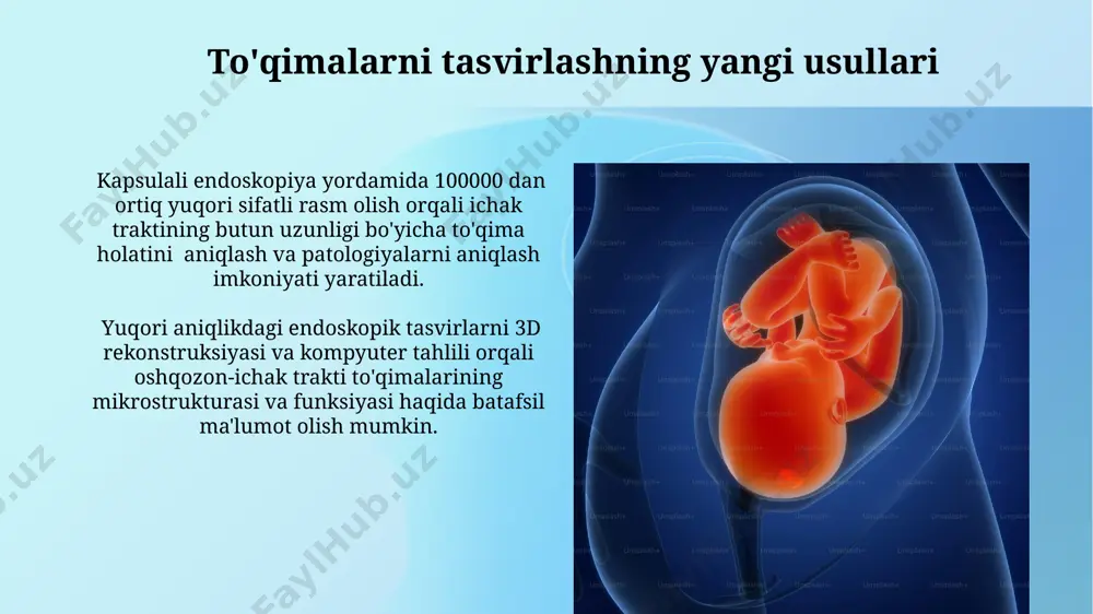 ikda aniqlash imkonini beradi, bu esa ichak mikrobiotasining funksiyasini chuqurroq tushunishga yordam beradi. mikrobiom tahlili natijalari insonning turli kasalliklarga moyilligini, masalan, yallig'lanishli ichak kasalliklari xavfini 70% gacha aniq prognoz qilish imkonini beradi. endoskopiya va uning ilg'or texnologiyalari kapsulyar endoskopiya yordamida 500 dan ortiq yuqori sifatli rasm olish imkoniyati, ichak traktining to'liq tekshiruvini ta'minlaydi va invaziv usullarga nisbatan bemorlar uchun kamroq noqulaylik tug'diradi. tor qalinlikdagi endoskoplar (2.8 mm) bilan minimal invaziv biopsiyalarni olish, diagnostik aniqlikni 85% ga yetkazdi va bemorlarning tiklanish muddatini qisqartiradi. pozitron emissiya tomografiyasi (pet) pet skanerlashda olingan yuqori aniqlikdagi 3d tasvirlar oshqozon-ichak traktining turli qismlaridagi funktsional o'zgarishlarni, masalan, peristaltikaning buzilishi yoki o't pufagining motor faolligini baholashga imkon beradi. pet/kt kombinatsiyasi yordamida olingan ma'lumotlar oshqozon-ichak traktidagi anatomik tuzilmalarni va ularning metabolik faolligini bir vaqtning o'zida aniqlash imkonini beradi, bu diagnostika aniqligini sezilarli darajada oshiradi. biopsiya va to'qima tahlili biopsiya materiallarini o'rganishda konfokal mikroskopiya yordamida hujayralararo o'zaro ta'sirlarni 3d tasvirlarda …