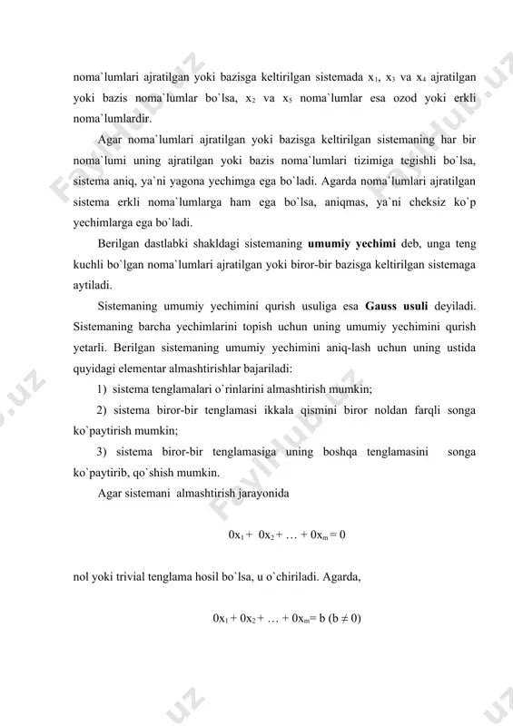 dan foydalanib, kengaytirilgan matritsaning chap qismida yoki uning qism ostida birlik matritsa hosil qilinadi. bunda birlik matritsadan o`ngda yechimlar ustuni hosil bo`ladi. gauss-jordan usulini quyidagicha sxematik ifodalash mumkin: (a | b) ~ (e | x*). chiziqli tenglamalar sistemasini yechish gauss-jordan usuli no-ma`lumlarni ketma-ket yo`qotish gauss strategiyasi va teskari matritsa qurish jordan taktikasiga asoslanadi. teskari matritsa oshkor shaklda qurilmaydi, balki o`ng ustunda bir yo`la teskari matritsaning ozod hadlar ustuniga ko`paytmasi – yechimlar ustuni quriladi. masala. 5 – mavzuda kramer formulalari yordamida yechilgan sistemalarni gauss-jordan usulida yeching. 1) ( ( ( ( ( . 2) ( ( sistema aniqmas bo`lib, umumiy yechim ko`rinishlaridan biri (x1; -5x1 –13; -7x1 –20 ) shaklga ega. bu yerda, x1 erkli noma`lum va x1 ( r. 3) ( ( sistemaning ikkinchi tenglamasi zid tenglama. demak, sistemaning o`zi ham zid, ya`ni birgalikda emas. arifmetik vektorlar va ular ustida amallar 1. n o`lchovli haqiqiy arifmetik fazo. arifmetik vektor haqida …